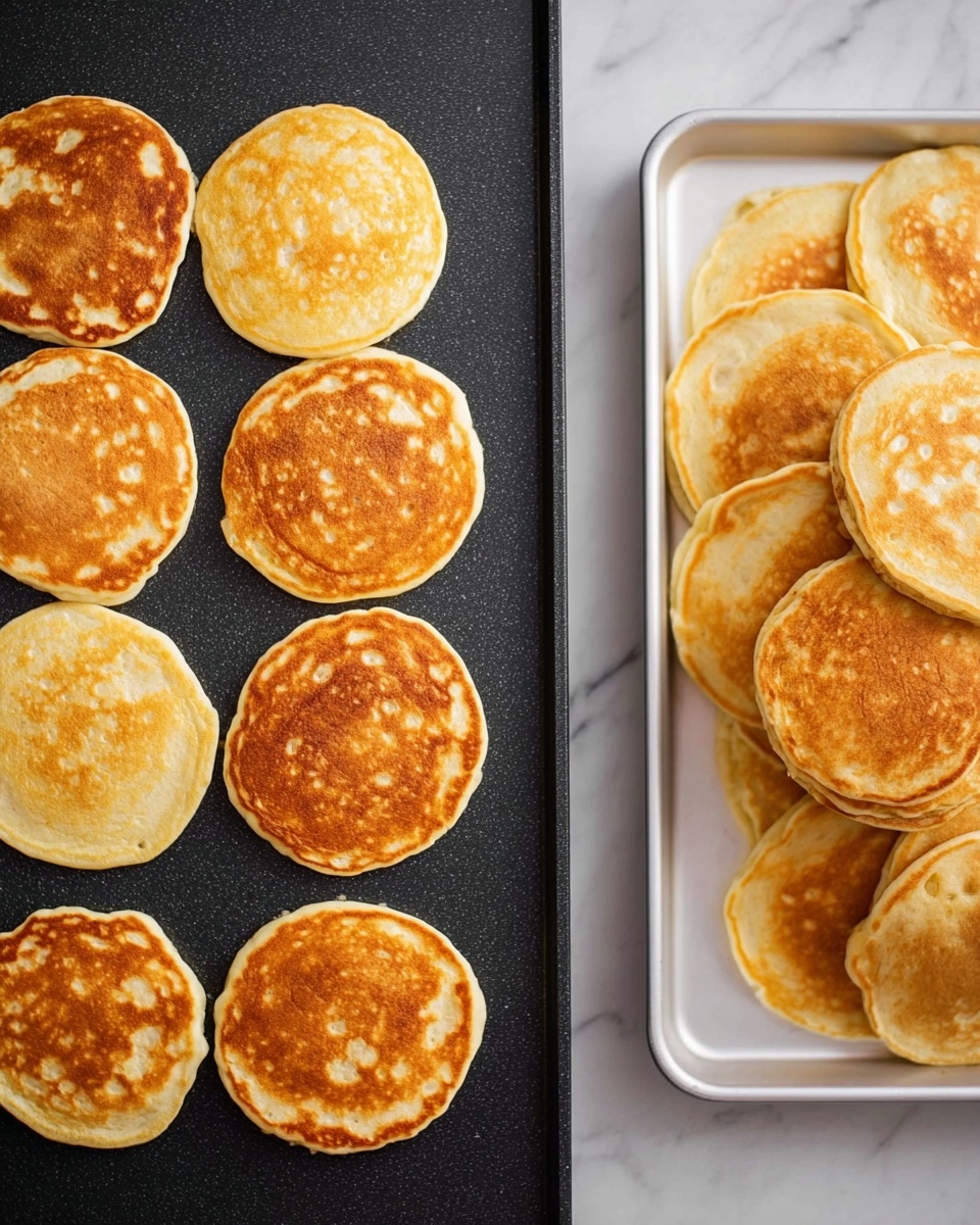 The image shows two parts: on the left, six golden-brown pancakes with light spots and soft texture are neatly placed in two columns on a flat black cooking surface; on the right, a white rectangular tray is filled with a stack of similar golden pancakes layered unevenly, showing rounded edges and a fluffy texture, all set on a white marbled surface. Photo taken with an iphone --ar 4:5 --v 7