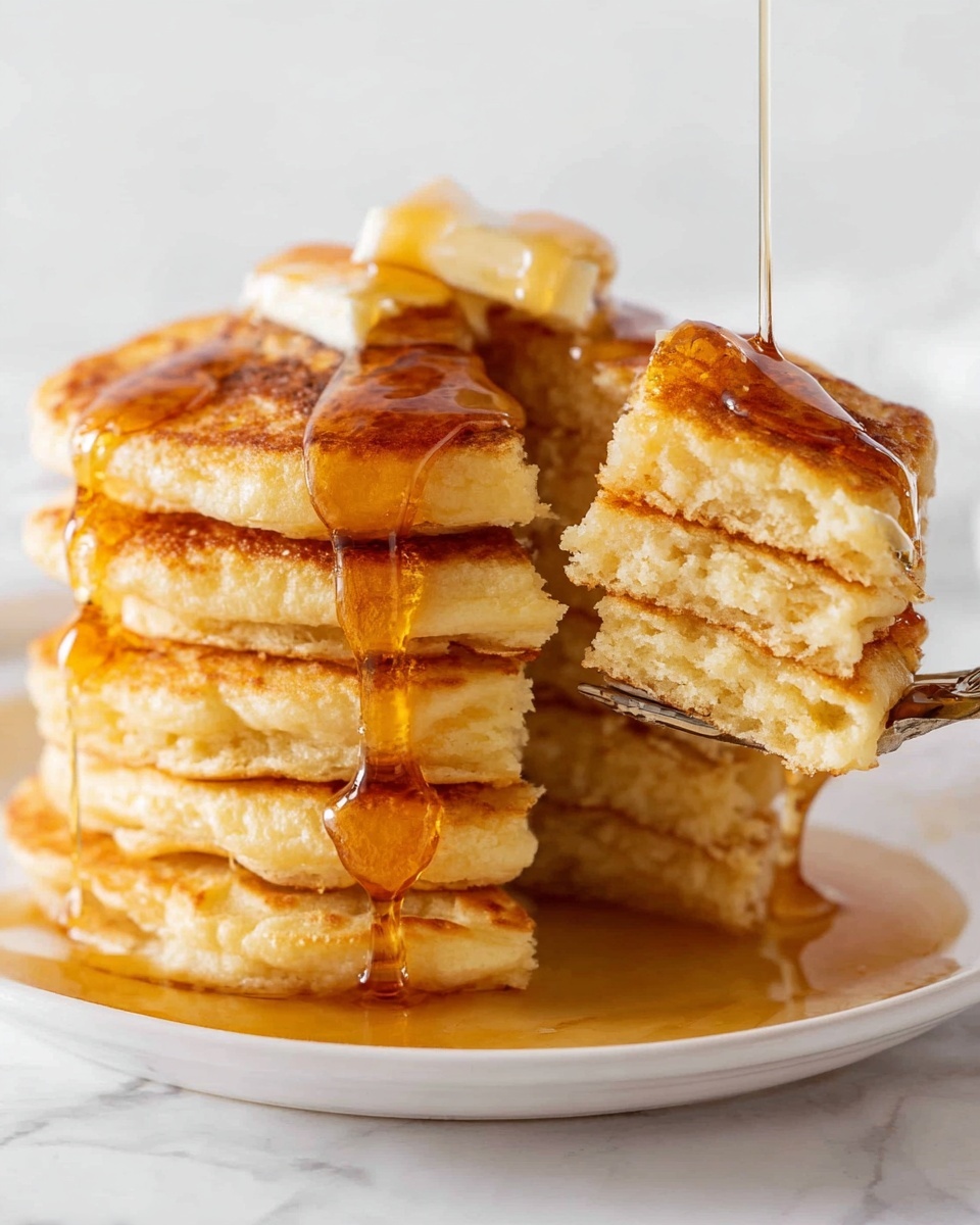 A stack of seven golden-brown pancakes sits on a white plate placed on a white marbled surface. The pancakes are fluffy with soft, light textures inside visible from the side stack. On top, there are two small pieces of butter melting slowly, with amber syrup drizzled over all pancakes, dripping down the sides. A silver fork is lifting a piece of pancake off the stack from the right side, with syrup running off the fork. The background is plain white, making the warm colors of the pancakes and syrup stand out. Photo taken with an iphone --ar 4:5 --v 7