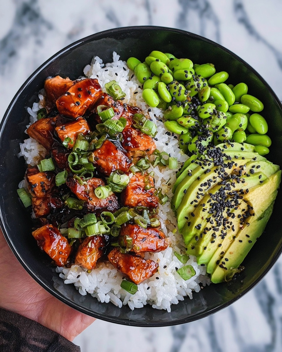 A black bowl filled with three main layers: the base layer is white sticky rice covering about half the bowl, topped with glossy grilled salmon pieces coated in a dark sauce and scattered with chopped green onions and black sesame seeds. On one side, bright green edamame beans fill a third of the bowl, and alongside them are thinly sliced avocado pieces arranged in a row with black sesame seeds sprinkled over them. The bowl is held by a woman's hand against a white marbled surface background. photo taken with an iphone --ar 4:5 --v 7