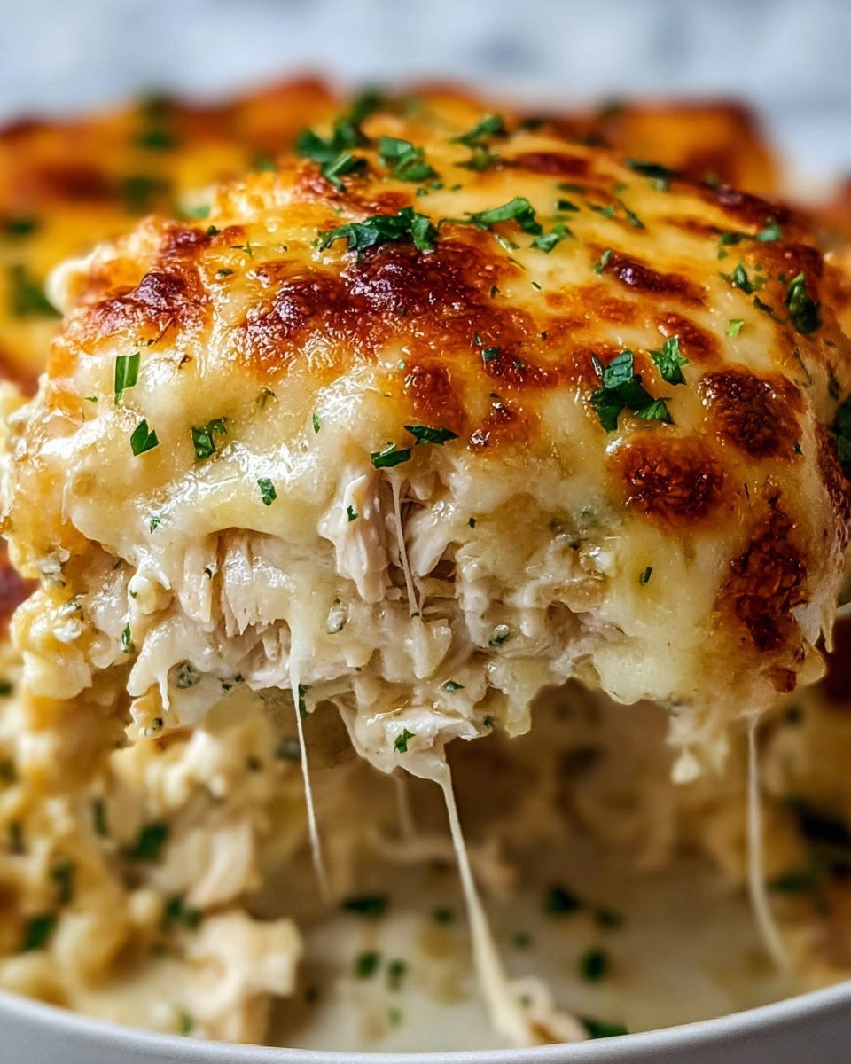 A close-up of a layered dish showing a thick top layer of melted cheese that is golden brown in some parts and creamy yellow in others, giving a slightly bubbly texture. Underneath, there is a layer of tender, shredded white chicken mixed with melted cheese stretching downwards, showing its stringy texture. Small green parsley pieces are sprinkled evenly over the top, adding a fresh contrast. The dish is served on a white plate placed on a white marbled surface. Photo taken with an iphone --ar 4:5 --v 7