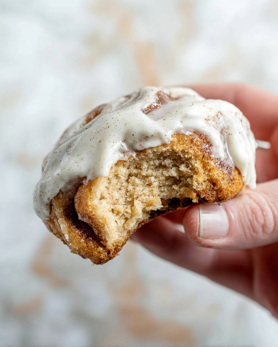 A close-up of a woman's hand holding a single cinnamon roll with one bite taken. The cinnamon roll has two layers: the base is a soft, light brown dough with a slightly crumbly texture, and the top layer is a light white icing with small specks of cinnamon sprinkled on it. The cinnamon swirl is visible on one side, showing a deeper brown color. The background is a white marbled texture. Photo taken with an iphone --ar 4:5 --v 7
