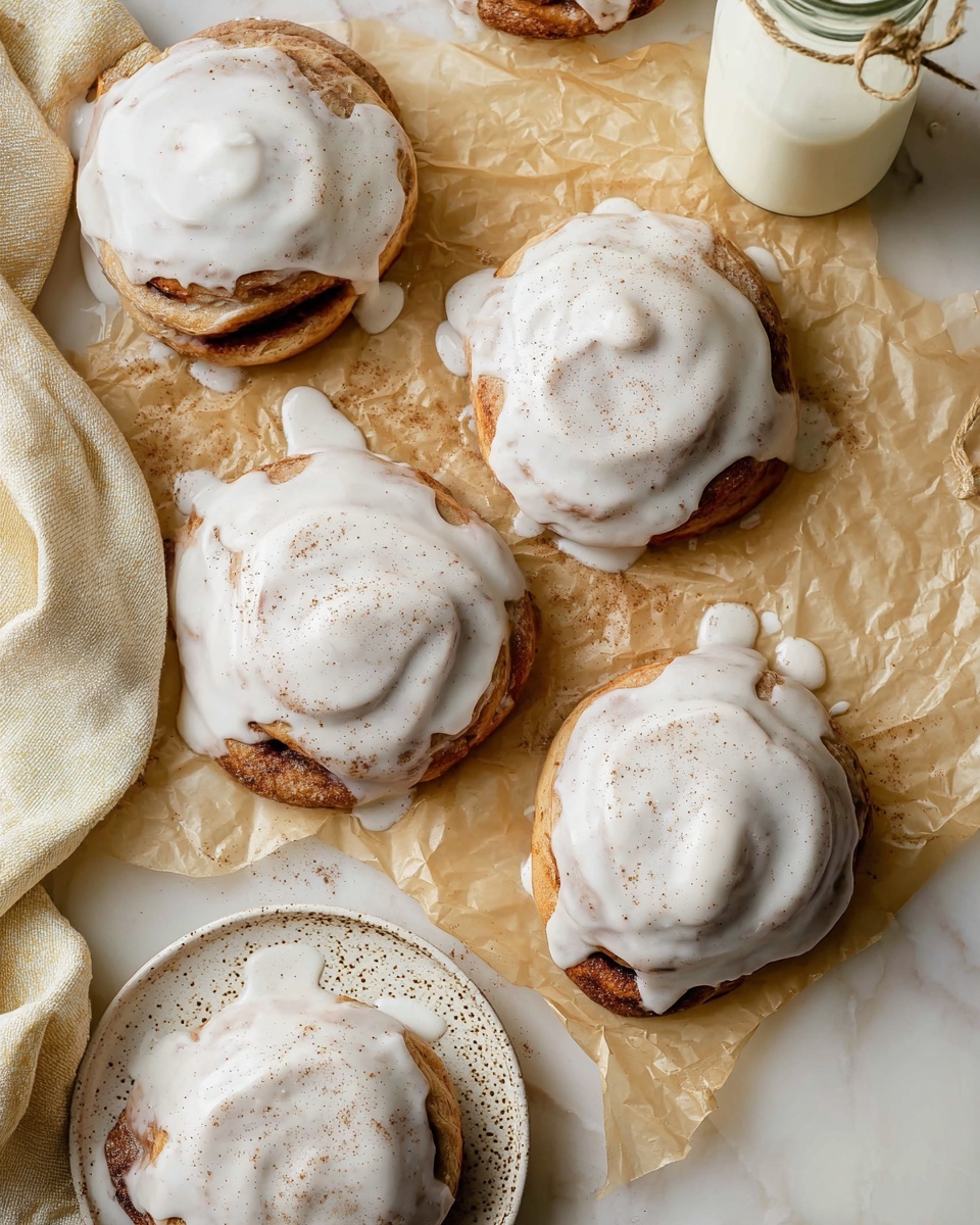 There are five large cinnamon rolls with a light brown color, placed on crinkled beige paper over a white marbled surface. Each cinnamon roll is covered with thick, white icing that drips unevenly down the sides, showing a smooth, creamy texture with specks of cinnamon on top. One of the rolls sits partially on a white plate with brown specks on the edge, and near the rolls there is a glass bottle filled with milk tied with a thin rope. A folded beige linen cloth is placed beside the bottle. The lighting is soft, highlighting the texture of the rolls and icing photo taken with an iphone --ar 4:5 --v 7
