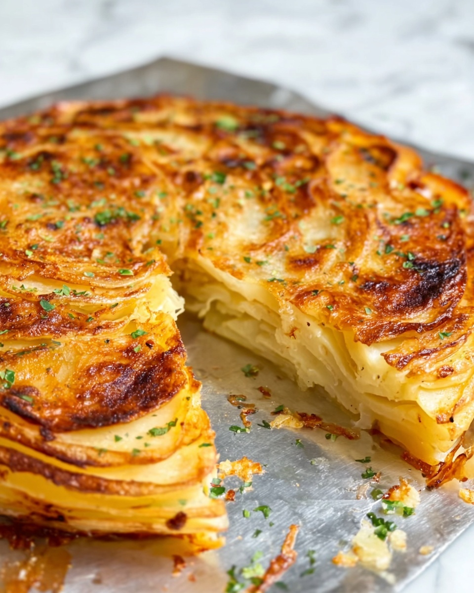 The image shows a close-up of a round layered potato dish with a crispy, golden brown top. The sliced layers of thinly cut potato are stacked neatly in a circular form, showing a creamy yellow inside and a browned, slightly crunchy outer edge. Small bits of green herbs are sprinkled on top and around the potato, adding a fresh contrast to the warm colors. The dish rests on a silver-colored baking tray, framed by a white marbled surface. One slice is removed, revealing the many soft layers inside. photo taken with an iphone --ar 4:5 --v 7