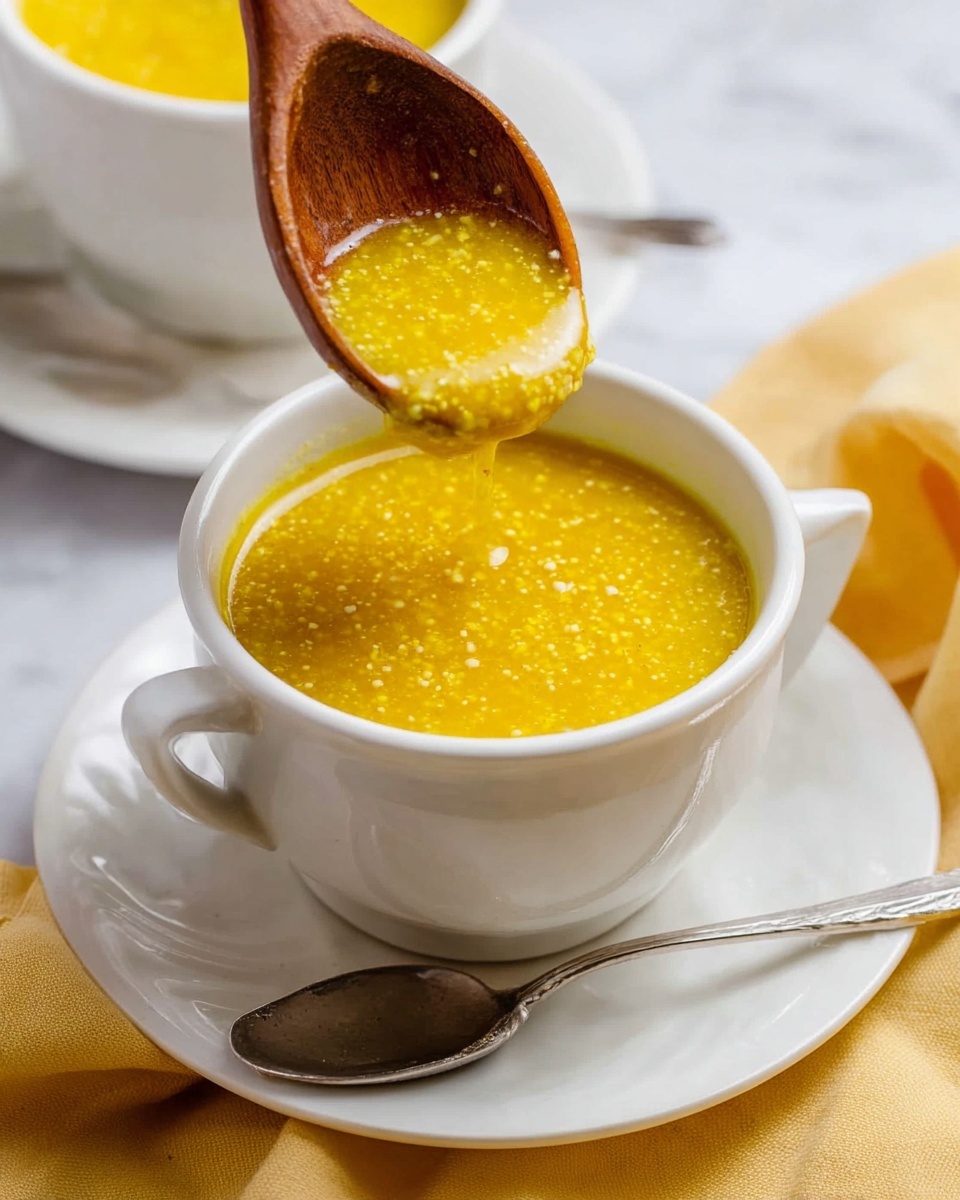 A close-up view of a thick yellow soup with visible grains and small white bits, served in a white cup that sits on a matching white saucer on a white marbled surface. A wooden ladle holds some of the soup above the cup, with the soup dripping slightly back into the cup. A silver spoon lies next to the cup on the saucer, and a corner of a yellow cloth is seen under the saucer. In the background, there is another white cup with the same soup, slightly out of focus photo taken with an iphone --ar 4:5 --v 7