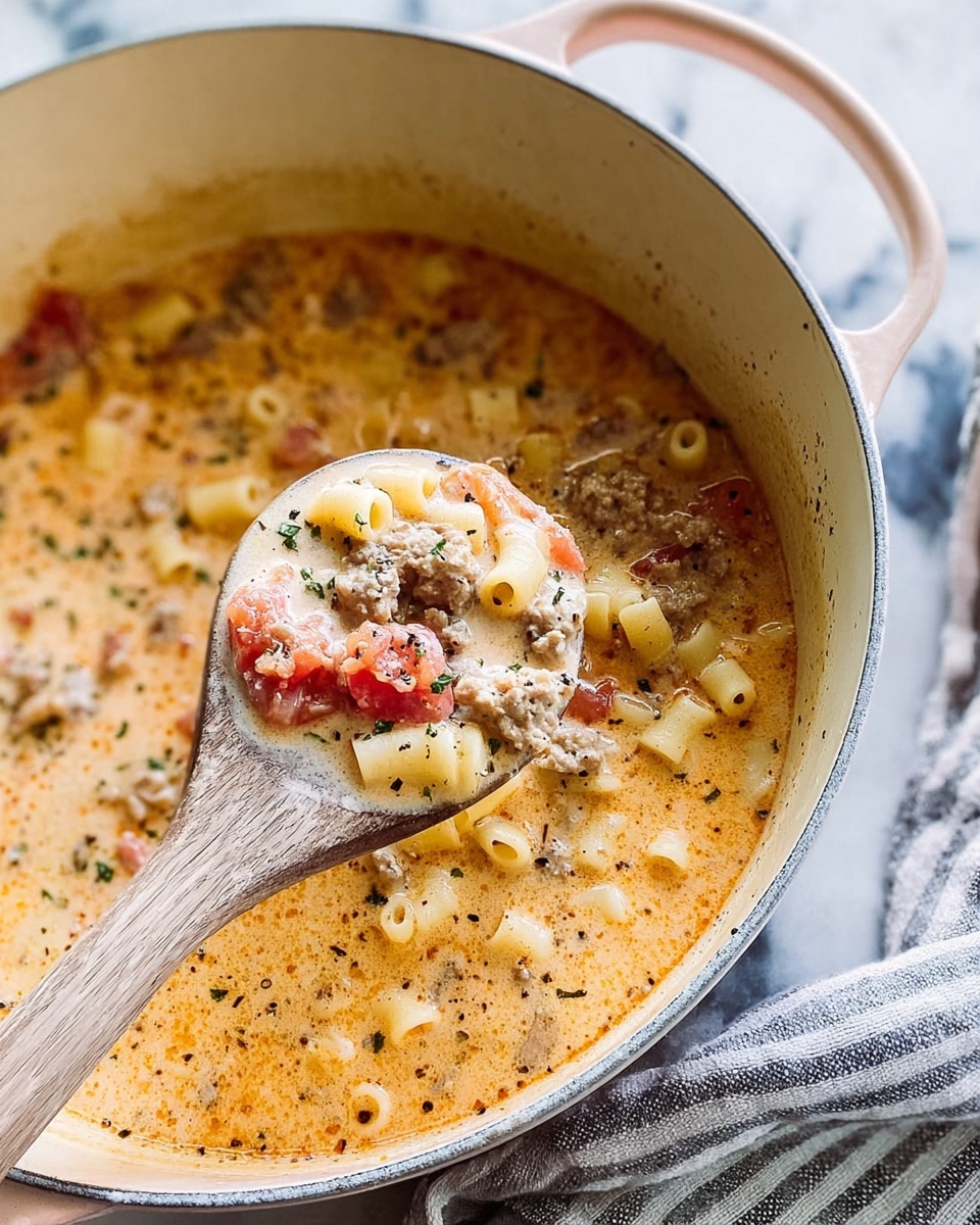 A close-up view of a creamy soup inside a white pot with a pale pink handle, showing a wooden spoon lifting a spoonful of the soup. The soup is thick with several visible layers, including small yellow pasta tubes, chunks of light brown meat, and pieces of soft red tomatoes mixed in a creamy, light orange broth that has specks of black pepper and herbs. The pot is placed on a white marbled surface with a gray and white striped cloth nearby. The overall texture of the soup looks rich and slightly chunky. Photo taken with an iphone --ar 4:5 --v 7