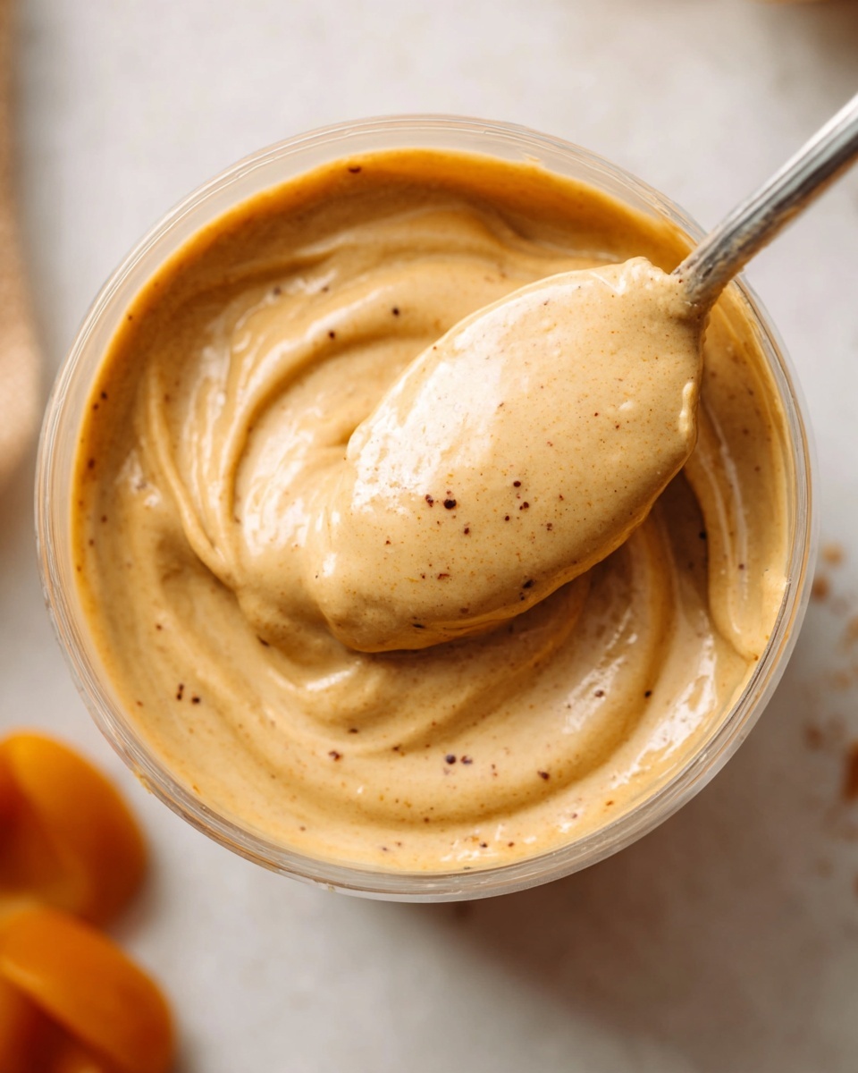 The image shows a close-up of a clear cup filled with a creamy, smooth light brown mixture with small darker brown specks throughout. A metal spoon is scooping some of the thick cream from inside the cup, creating soft swirls on the surface. The cup is placed on a white marbled background with some blurred orange shapes visible at the bottom left corner. photo taken with an iphone --ar 4:5 --v 7