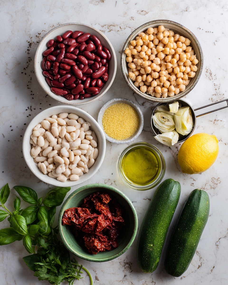 The image shows an overhead view of various ingredients neatly arranged on a white marbled surface. There are three white bowls filled with white beans, red kidney beans, and a fine yellow powder, each layer clearly visible and evenly filling the bowls. A green bowl contains round chickpeas, and beside it is a small glass dish with light green olive oil. There is a metal measuring cup holding deep red sun-dried tomatoes and another with pale artichoke pieces. Two fresh dark green cucumbers lie side by side, and a bright yellow lemon stands alone near the top right. Fresh green leaves of basil and parsley are placed casually at the bottom, adding vibrant green textures to the mix. Photo taken with an iphone --ar 4:5 --v 7