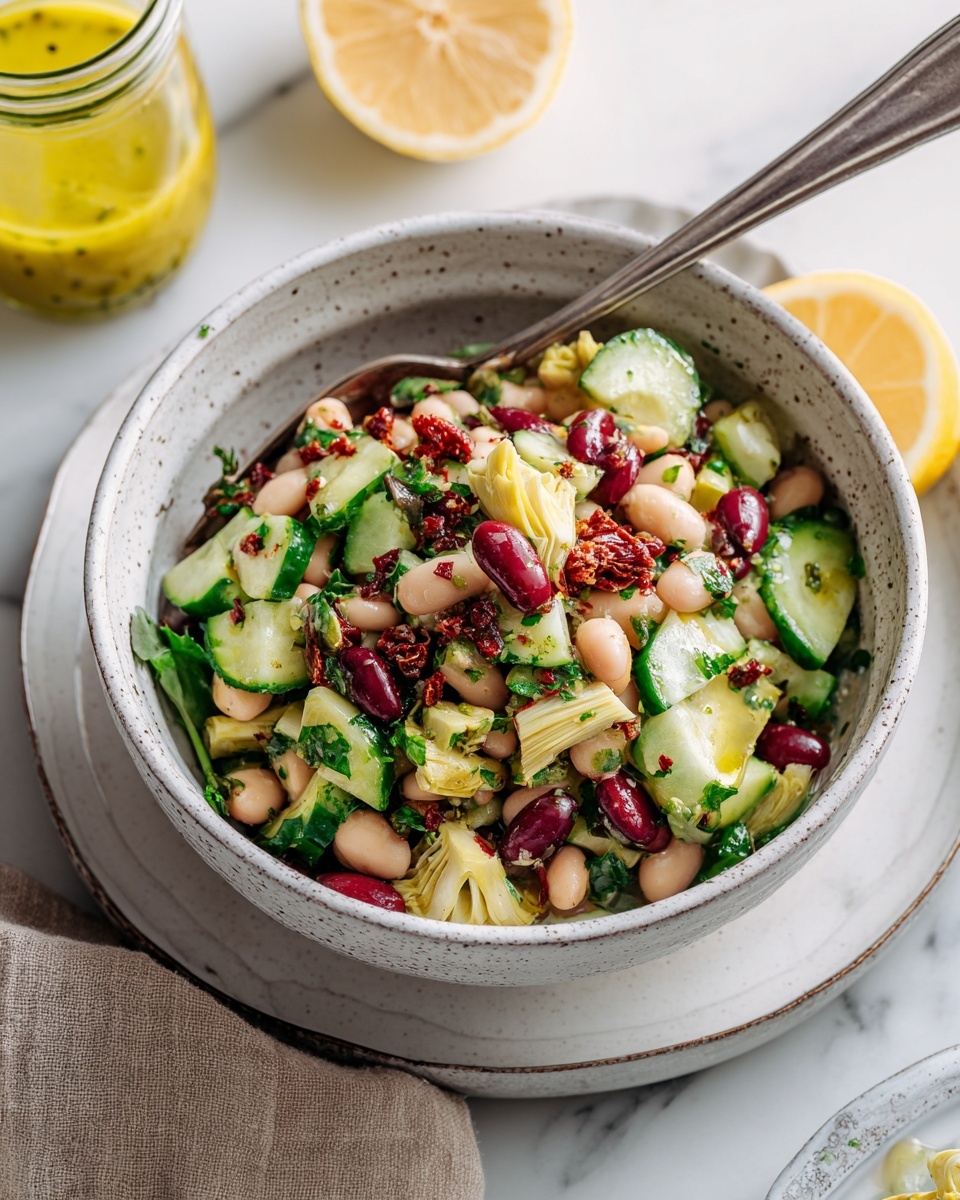 A white speckled bowl filled with a colorful bean salad sits on top of a white plate with a gray rim, all placed on a white marbled surface. The salad has three layers: the bottom layer contains a mix of white and red kidney beans, the middle layer has light green cucumber slices and artichoke pieces, and the top layer is sprinkled with chopped dark green herbs and bits of sun-dried tomatoes. A silver fork rests inside the bowl, leaning on the edge. Nearby, part of a lemon slice and a glass jar of yellow dressing are visible. Photo taken with an iphone --ar 4:5 --v 7