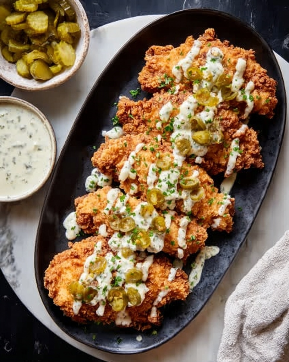 A black oval plate sits on a white marbled surface, holding four golden-brown crispy fried chicken pieces arranged closely in a row, each topped with a drizzle of white sauce. Small green pickle slices are scattered over the chicken, adding spots of color. To the left, a small white bowl filled with chopped green pickles and another small white bowl of creamy white sauce with herbs are placed nearby. A white cloth napkin is partially visible at the bottom right. The scene is warm and inviting, showcasing the crispy texture and creamy toppings clearly. photo taken with an iphone --ar 4:5 --v 7