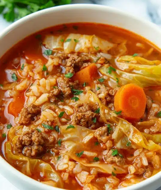 A white bowl filled with a warm, hearty soup. The soup has several layers: chunks of light orange carrots, soft, light green cabbage pieces, beige cooked rice grains, and small brown meatballs scattered throughout. The broth is a rich, reddish-orange color with a slightly thick texture. Tiny green herb bits are sprinkled on top for garnish. The bowl sits on a white marbled surface with a blue cloth visible on one side, and a small bunch of green parsley in the corner. photo taken with an iphone --ar 4:5 --v 7
