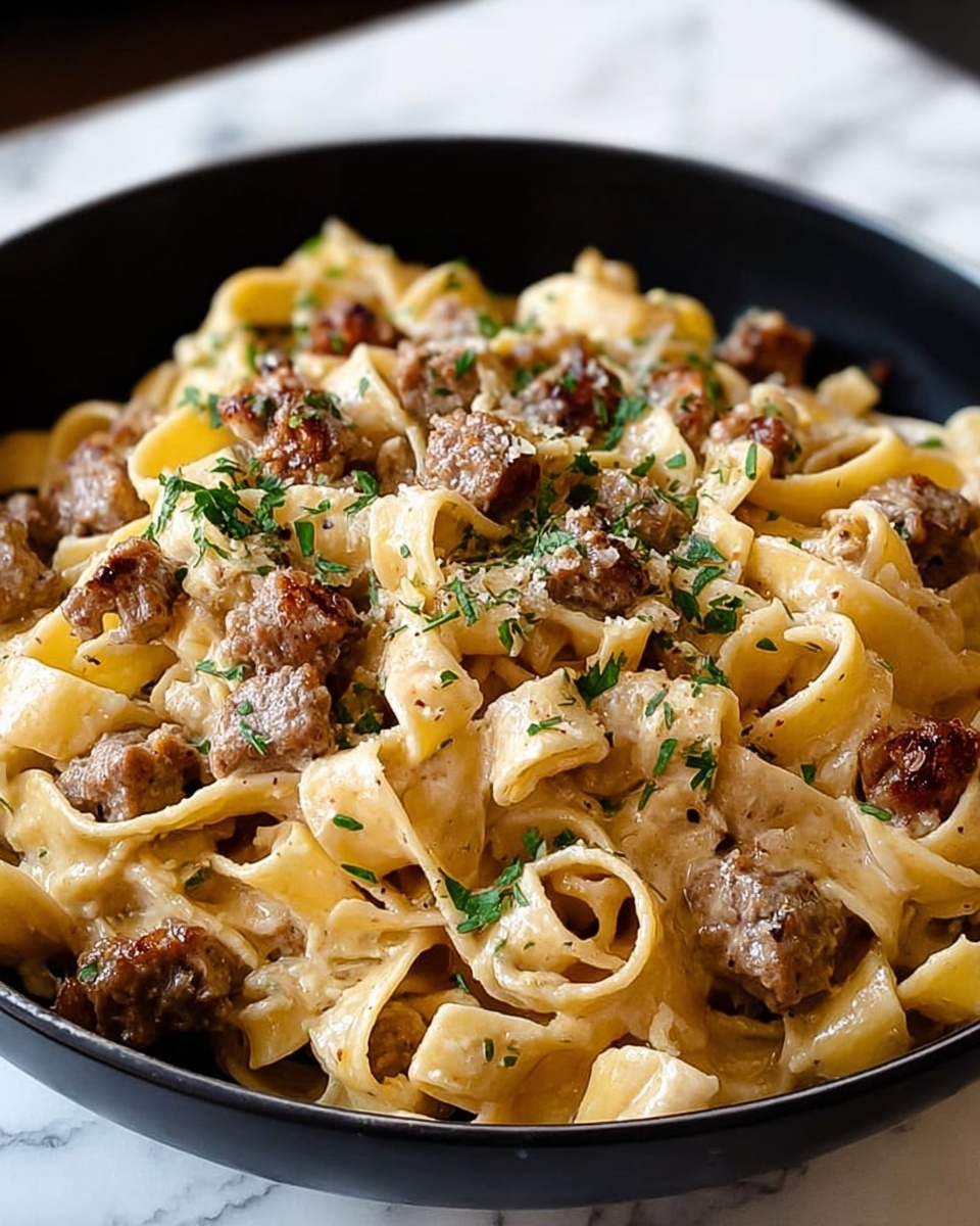 This dish is a close-up view of wide, flat pasta noodles mixed with small pieces of browned meat, all coated in a creamy, light beige sauce. The pasta has a smooth, slightly glossy texture and is intertwined throughout the bowl. The meat pieces are scattered evenly on top and inside the pasta, giving a textured appearance with some herbs sprinkled in small amounts. The dish is served in a simple black bowl, set on a white marbled surface. The overall look is warm and inviting, showing a hearty and creamy pasta meal photo taken with an iphone --ar 4:5 --v 7