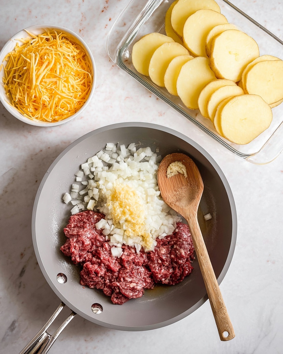 A gray pan with a shiny metal handle holds raw ground meat at the bottom, topped with a pile of chopped white onions and minced garlic in the center. A wooden spoon rests inside the pan on the right side, touching the meat. Above and to the left of the pan is a white bowl full of shredded orange-yellow cheese. Above and to the right is a clear rectangular glass dish containing thin, round slices of pale yellow potatoes layered neatly on top of each other. The background is a white marbled surface. Photo taken with an iphone --ar 4:5 --v 7
