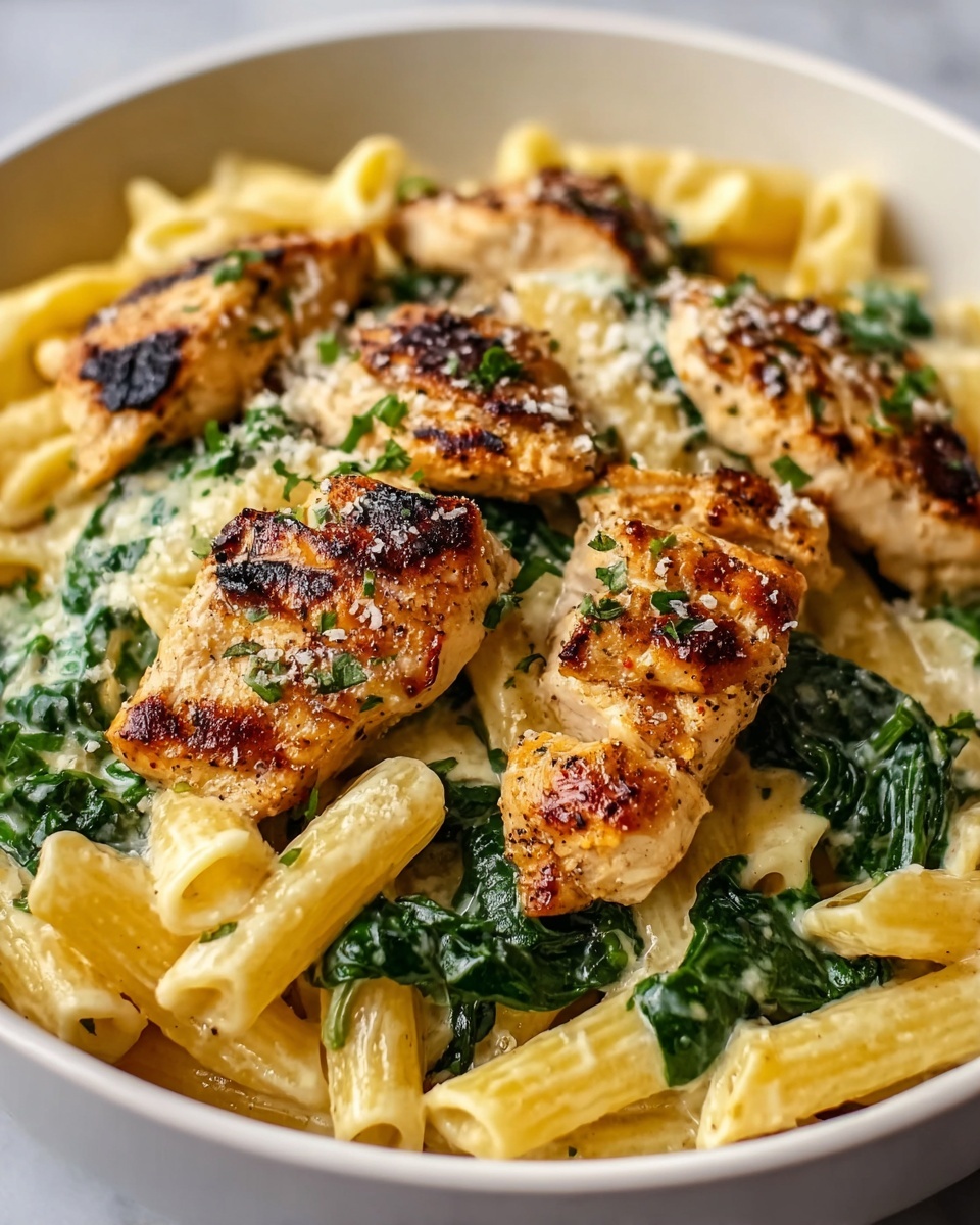 A close-up of a white bowl filled with creamy pasta showing three main layers: the base layer of pale yellow penne pasta, creamy and shiny; a middle layer of wilted dark green spinach leaves scattered around; on top, several pieces of golden brown grilled chicken with visible char marks and a sprinkling of finely grated white cheese and chopped green herbs. The bowl sits on a white marbled surface, photo taken with an iphone --ar 4:5 --v 7