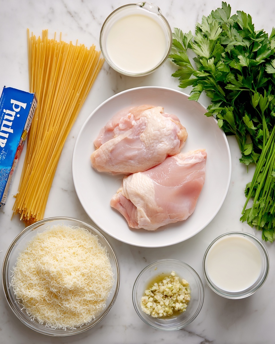 The image shows two pieces of raw chicken on a white plate placed in the center on a white marbled surface. Around the plate, there is a bunch of green parsley to the right, a small glass cup of minced garlic below the plate, a large glass bowl of grated cheese with a fluffy texture below to the left, and a pack of uncooked spaghetti pasta in a blue box to the left. Above the plate, there are two clear measuring cups, one filled with white milk and the other filled with a light brown liquid. A small glass cup of white cream is located below the parsley on the right. photo taken with an iphone --ar 4:5 --v 7