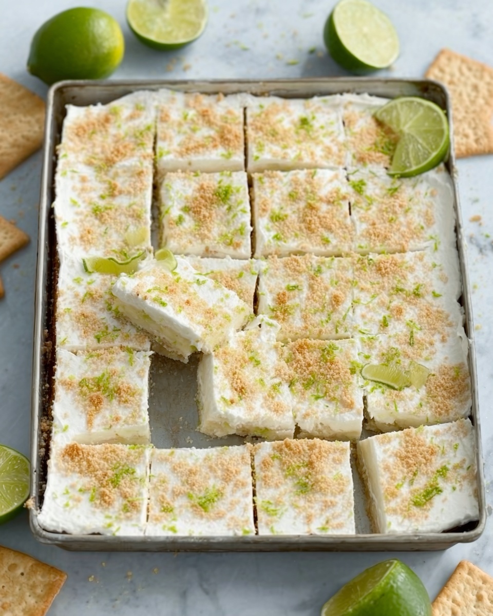A rectangular metal tray holds a large dessert cut into uneven square pieces. The dessert has a thick white cream layer on top, sprinkled with light brown crumbs and small green lime zest bits. The background surface is white marble with lime slices and some beige crackers placed around the tray, adding contrast. The dessert looks soft and fluffy, with slightly broken edges on some pieces. photo taken with an iphone --ar 4:5 --v 7
