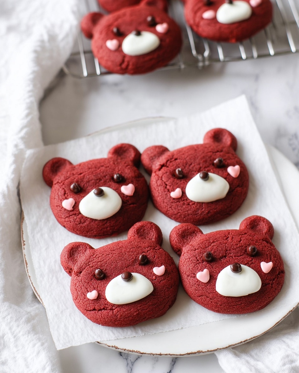 This image shows five red bear-shaped cookies on a sheet of white paper placed on a white plate with some cracks and scratches. Each cookie has two round ears and a round face, all made from the same red dough with a soft, slightly cracked texture. White icing forms the inner ears and the snout area on each bear, shaped like a small oval. Small dark spots, likely chocolate chips, create the eyes and nose dots, while tiny pink heart-shaped decorations are placed on the cheeks, adding a cute detail. In the background, two more similar cookies rest on a silver wire rack, and the setting is a white marbled surface with a white cloth nearby. Photo taken with an iphone --ar 4:5 --v 7