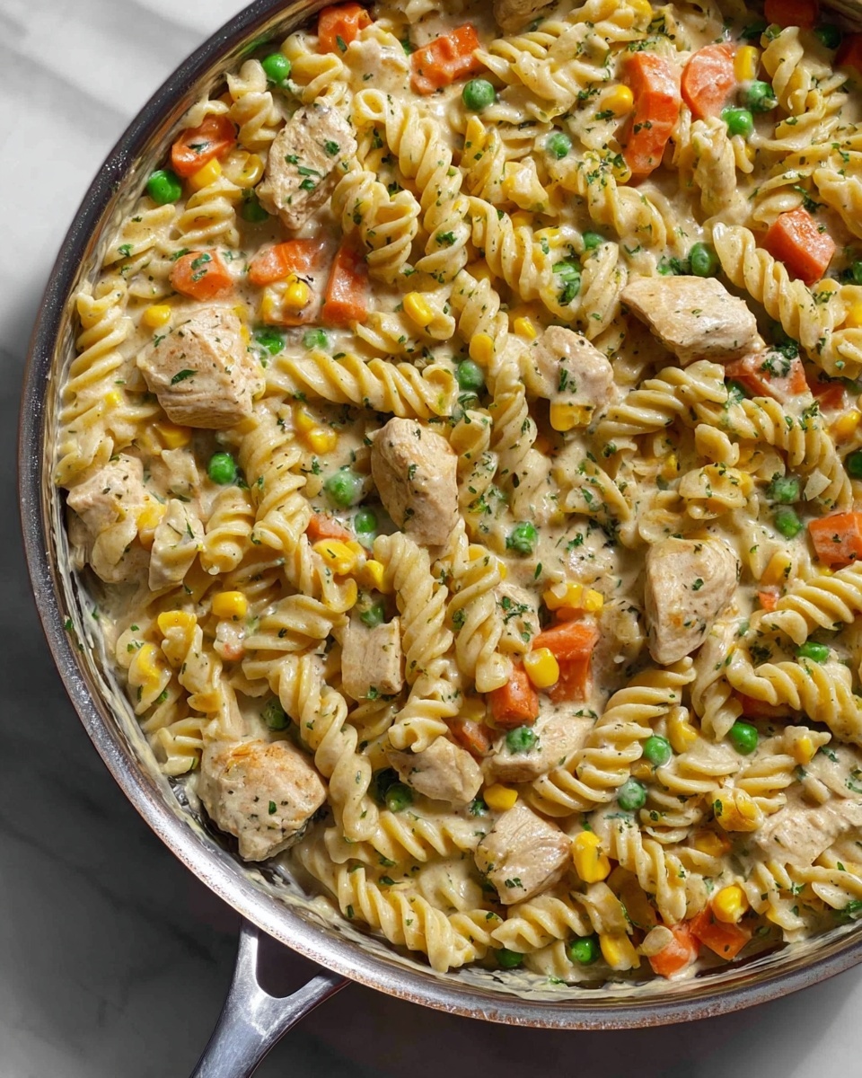 A close-up of a large pan filled with creamy rotini pasta mixed with cooked chicken chunks, bright orange carrot slices, green peas, and yellow corn kernels, all coated in a smooth, light beige sauce with visible herbs sprinkled throughout. The pasta spirals are twisted tightly, interspersed with the colorful vegetables and tender chicken pieces, creating a rich texture and vibrant colors. The pan has a metal handle and rests on a white marbled surface. Photo taken with an iphone --ar 4:5 --v 7