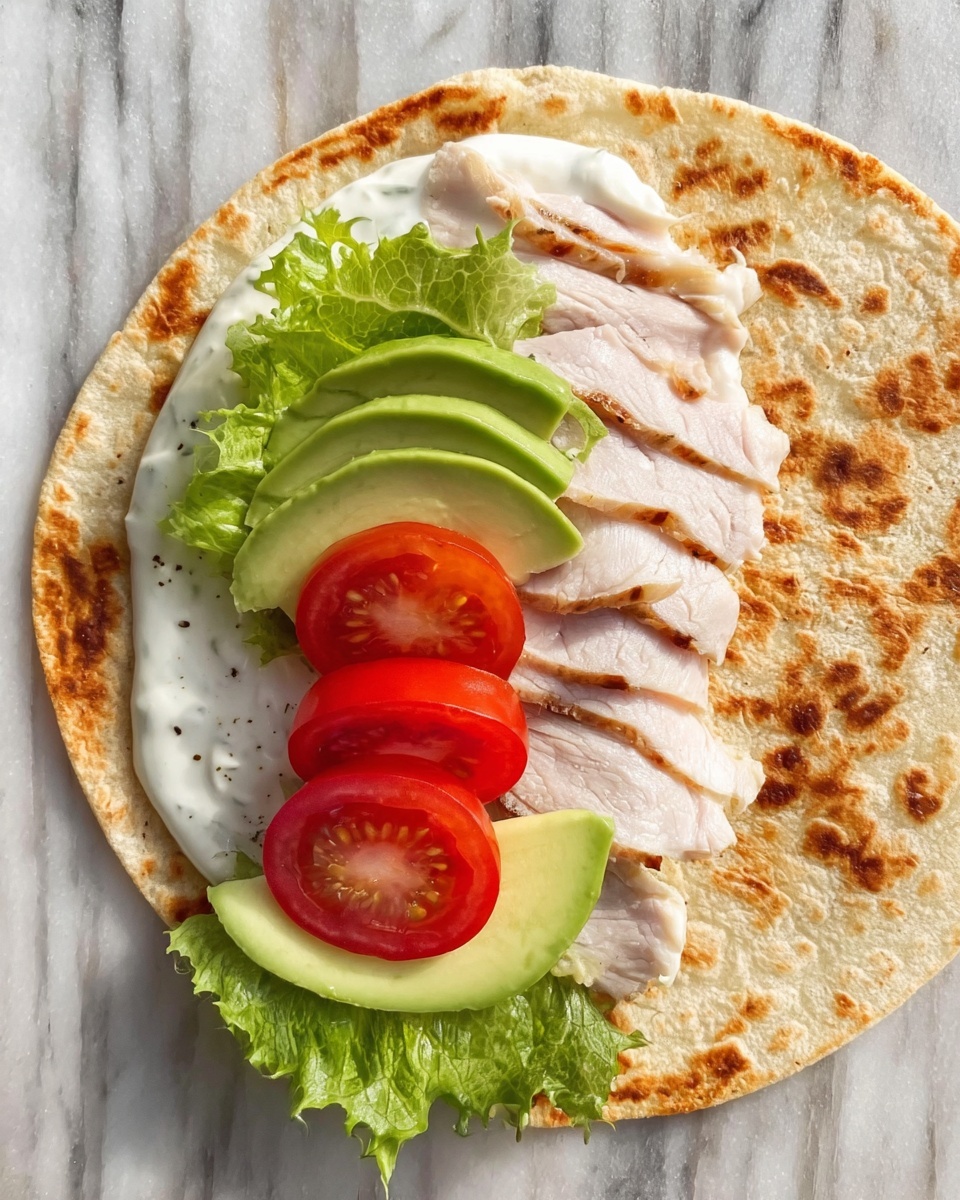 A flat, round wrap with a golden-brown toasted surface is laid out on a white marbled background. Along one side of the wrap, there is a spread of white creamy sauce with small specks. On top of the sauce, thin slices of light beige turkey are layered, topped with a few green lettuce leaves. Arranged on the lettuce are three bright red tomato slices stacked vertically in the center, with a few curved, pale green avocado slices placed around the tomatoes. Photo taken with an iphone --ar 4:5 --v 7