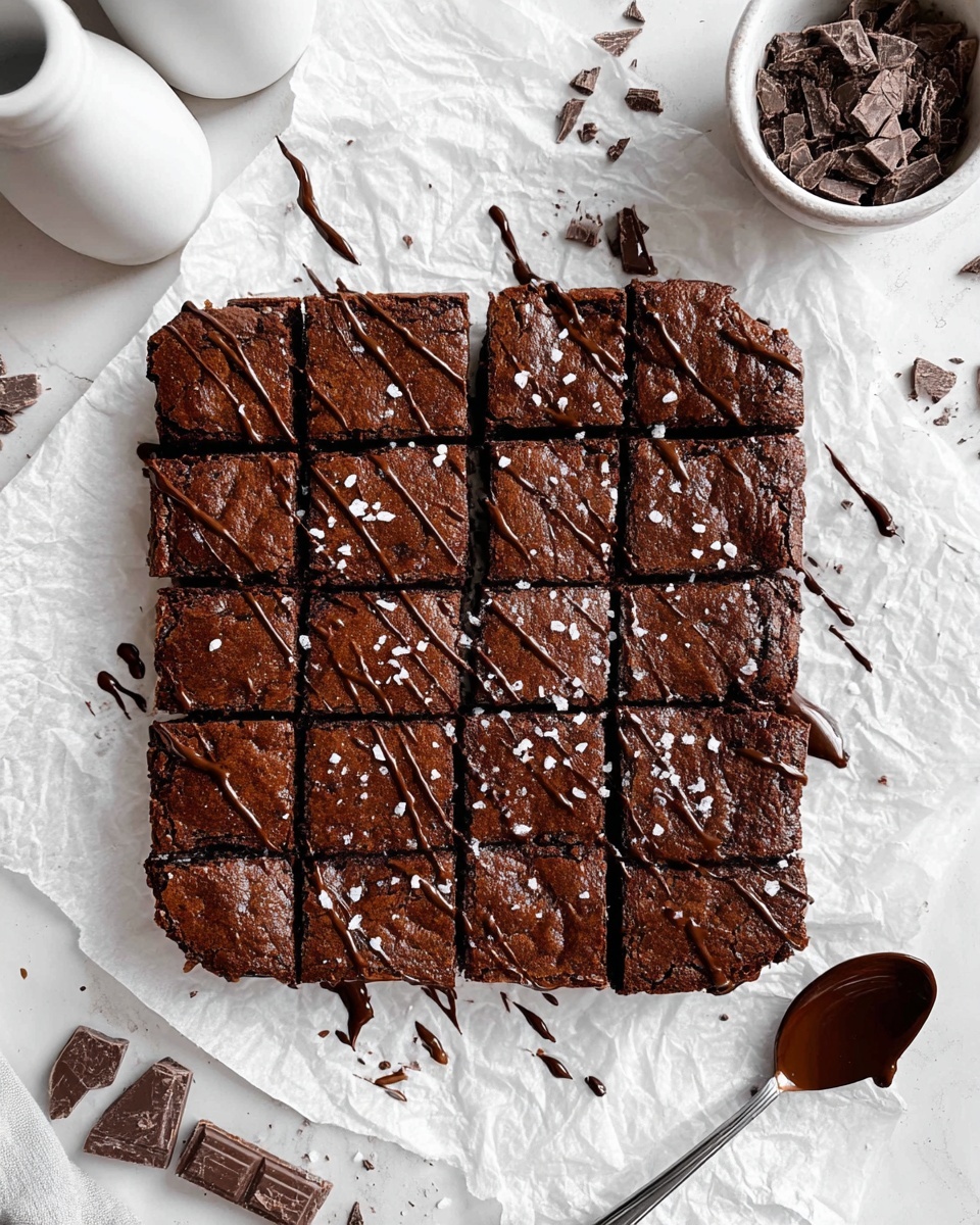A square, rich dark brown brownie divided into sixteen small squares sits on white crumpled parchment paper. The top layer has a shiny, crisp texture with drizzles of darker chocolate sauce in thin, random lines and a sprinkling of coarse white sea salt. Around the brownie, scattered dark chocolate chunks and bits create a rough texture on a white marbled surface. A spoon with some melted chocolate rests at the bottom right. Two white bottles are slightly visible at the top left while a small white bowl filled with chopped dark chocolate sits at the top right, photo taken with an iphone --ar 4:5 --v 7