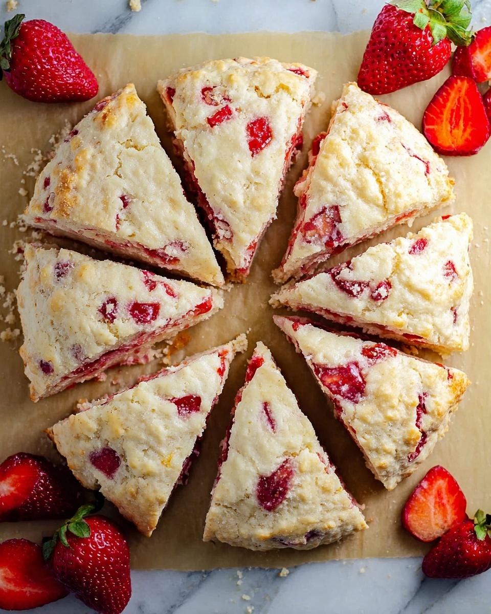 A round strawberry scone is divided into eight triangular pieces arranged in a circle on light brown parchment paper. The scone has a pale creamy color with patches of bright red strawberry chunks visible on the surface, giving it a soft, crumbly texture. Around the scone, there are fresh whole strawberries and halved strawberries adding a pop of vibrant red with green leaves. The background is a white marbled texture. photo taken with an iphone --ar 4:5 --v 7