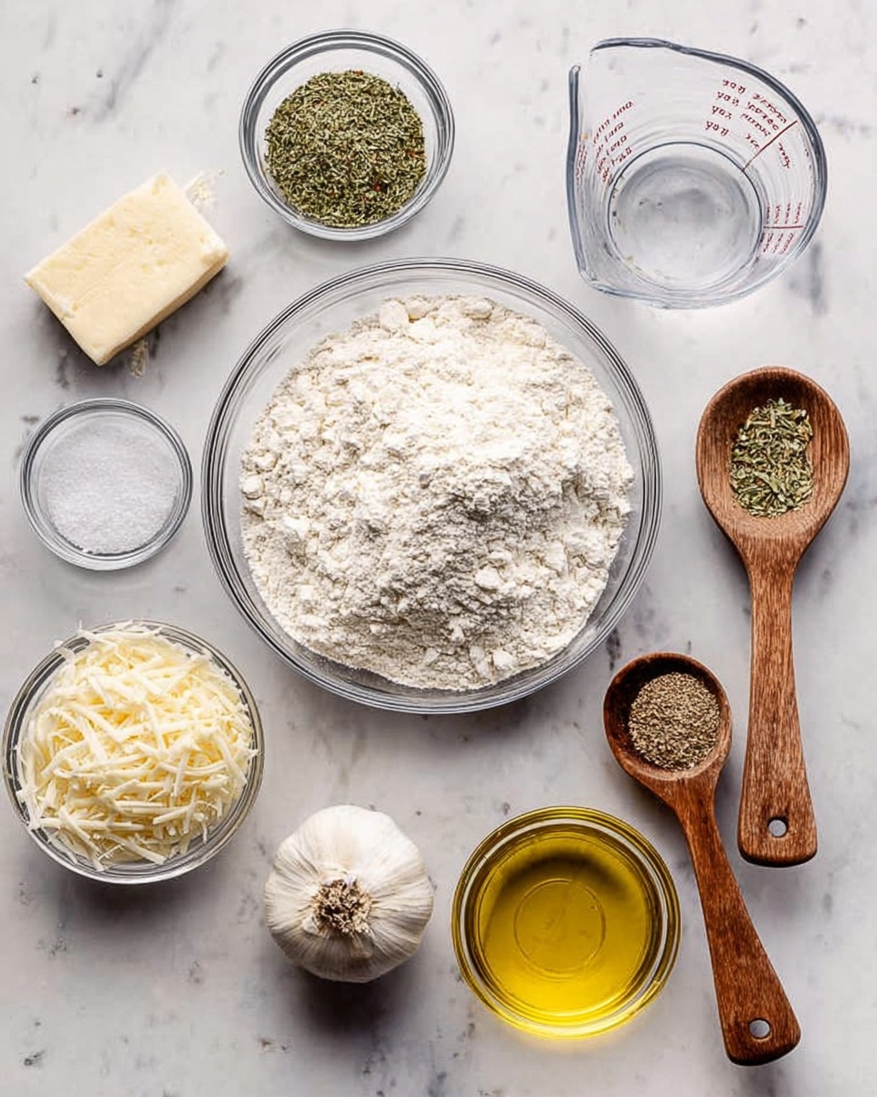 A large clear glass bowl filled with a white powdery flour sits on a white marbled surface. Around it are smaller clear glass bowls and measuring spoons containing dry and wet ingredients: a small bowl of dried green herbs, a small bowl of white salt, a rounded wooden-handled measuring cup filled with shredded white cheese, a clear glass measuring cup with water, a whole white garlic bulb, a small square of pale yellow butter, a wooden-handled measuring spoon with dried green leaves, another wooden-handled measuring spoon with dried brownish seasonings, and a small glass bowl of golden yellow oil. All ingredients are neatly arranged with clear separation. Photo taken with an iphone --ar 4:5 --v 7