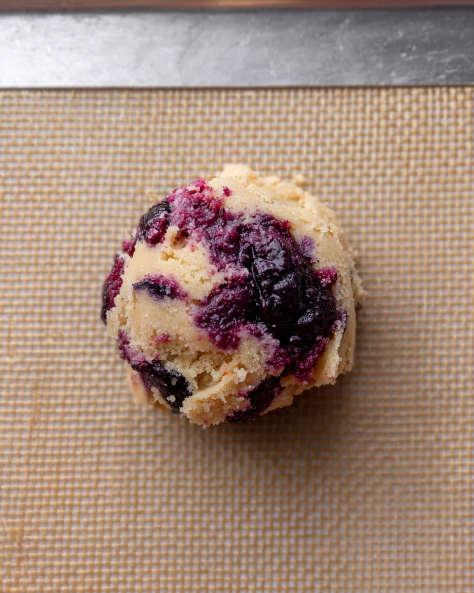 A single round scoop of cookie dough sits centered on a textured beige baking mat. The dough is light tan with a soft, crumbly texture, mixed with dark purple-blue streaks of berry filling swirled through it. The berries add a glossy, shiny contrast to the matte dough, creating an uneven, inviting surface. The top part is mostly cookie dough with berry swirls visible mainly around the edges. The background is a white marbled texture, with the slightly visible edge of a silver baking tray at the top. photo taken with an iphone --ar 4:5 --v 7