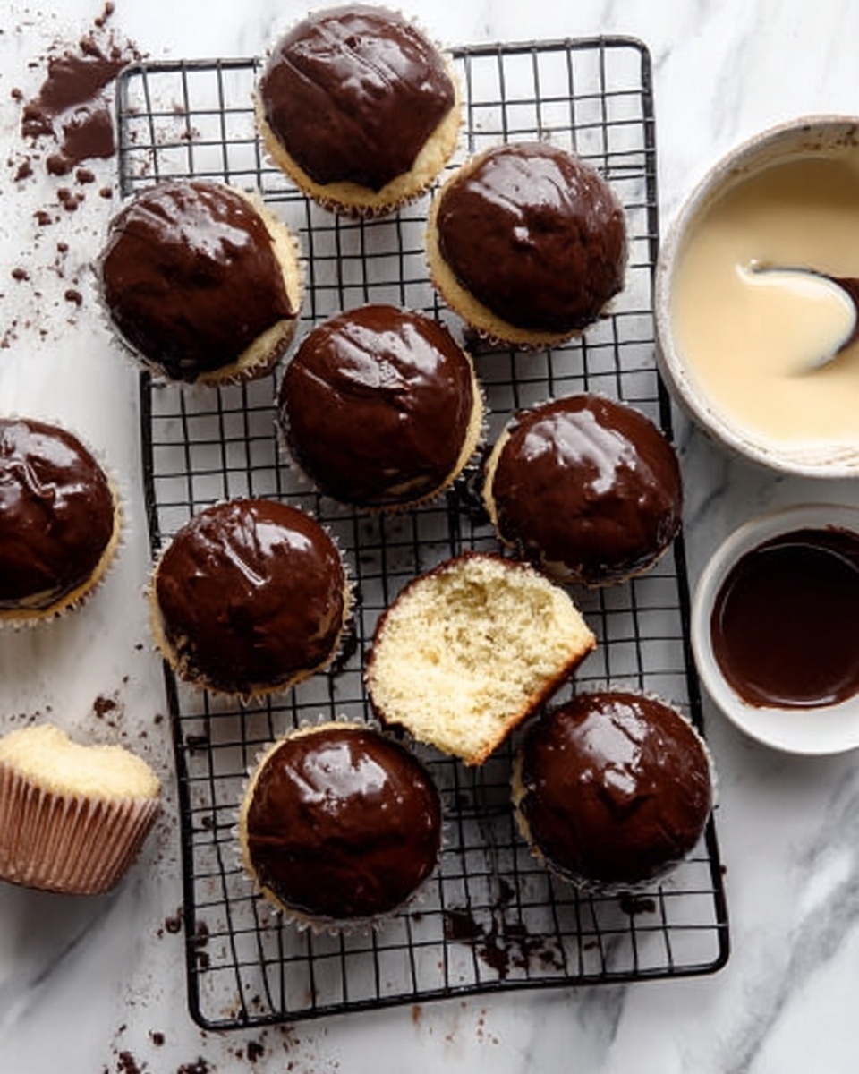 The image shows nine cupcakes on a black wire cooling rack placed on a white marbled surface. Each cupcake has a thick, shiny dark chocolate frosting layer on top, smooth and glossy in texture. One cupcake in the middle is broken open, revealing a soft, pale yellow inside with a light texture. To the right of the cupcakes, there is a white bowl with creamy melted white chocolate and a small container of dark chocolate sauce, some of which is slightly smeared. A woman's hand holds a cupcake on the bottom left corner, showing the cupcake wrapper's ridged texture. The scene is bright and clean, focusing on the rich chocolate details of the cupcakes photo taken with an iphone --ar 4:5 --v 7