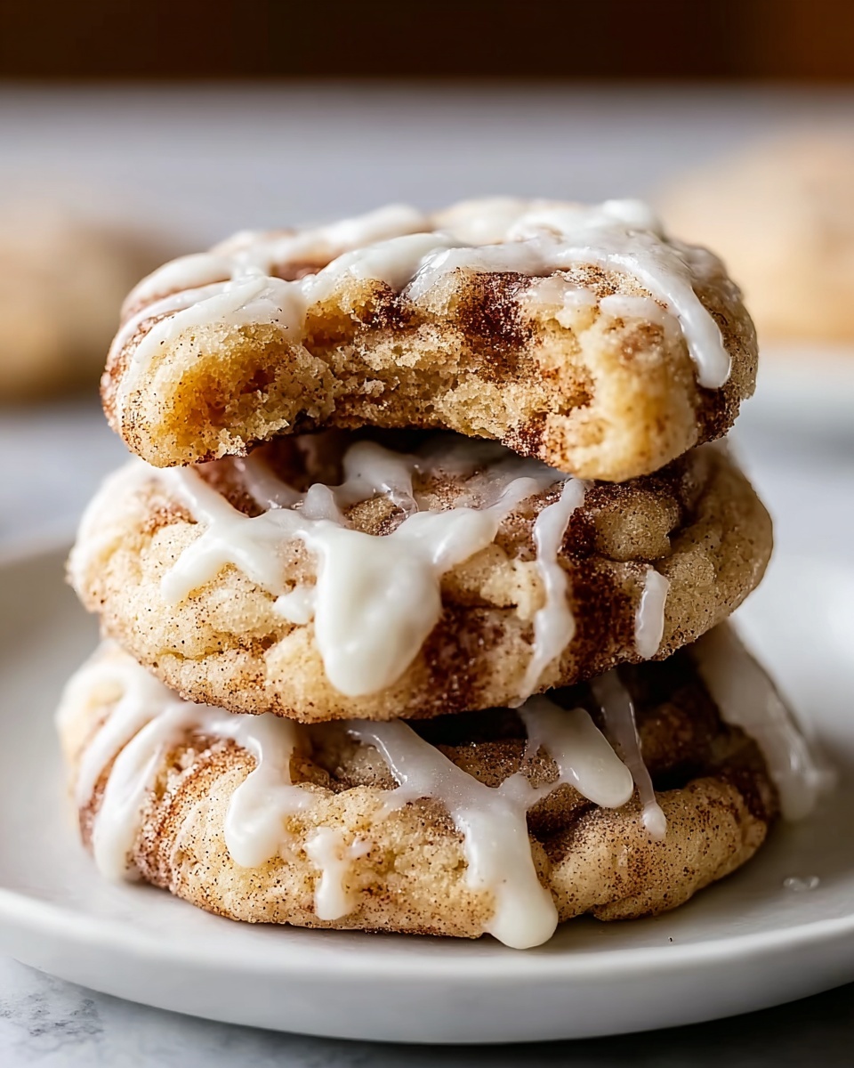 A stack of three cinnamon cookies sits on a white plate placed on a white marbled surface. The cookies have a soft, slightly crumbly texture with a light golden-brown color mixed with dark cinnamon swirls visible in each layer. The top cookie has a bite taken out, showing a moist inside with a swirl of cinnamon. Each cookie is drizzled with thick white icing that flows unevenly over the edges, adding a smooth contrast to the rough cookie surface. The scene is softly lit, highlighting the cookie layers and the shiny icing, photo taken with an iphone --ar 4:5 --v 7
