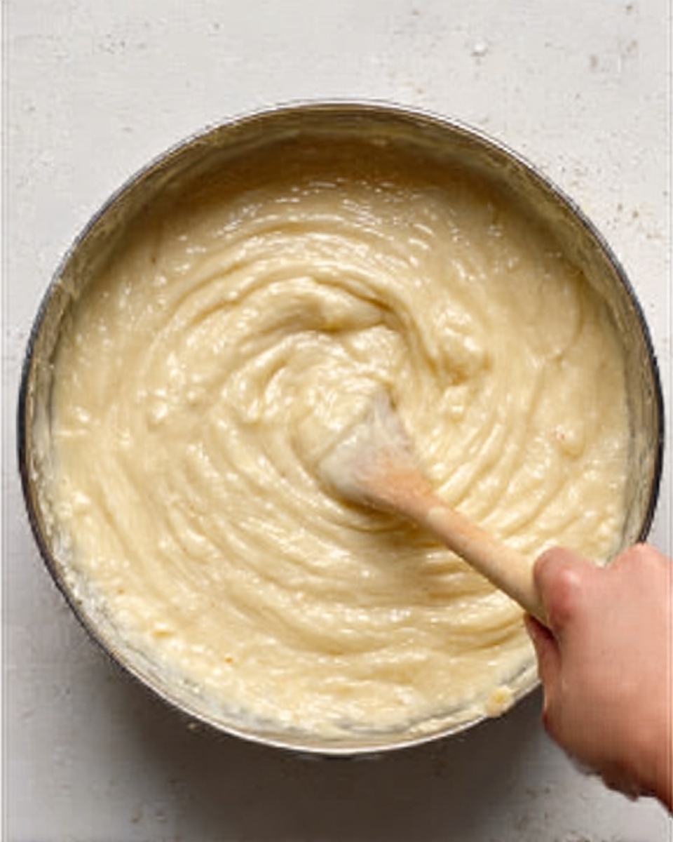 The image shows a close-up of a black pot filled with a creamy, light beige mixture that looks thick and smooth with small chunks inside. A wooden spoon is stirring the mixture in a circular motion, held by a woman's hand. The pot is placed on a white marbled surface. The lighting highlights the texture of the mixture and the natural wood of the spoon. Photo taken with an iphone --ar 4:5 --v 7