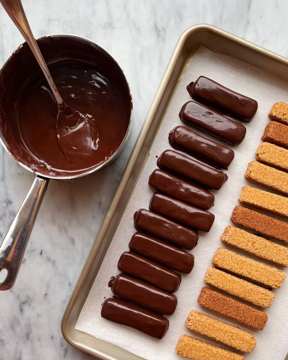 A white baking tray lined with parchment paper holds two rows of rectangular biscuit sticks, the row on the left fully covered in smooth, shiny dark chocolate and the row on the right with plain biscuit sticks. To the left of the tray, a small metal saucepan filled with melted dark chocolate sits on a white marbled surface, with a spoon resting inside the chocolate. The texture of the chocolate on the biscuits is glossy and even, contrasting with the dry, crumbly look of the untreated biscuit sticks photo taken with an iphone --ar 4:5 --v 7