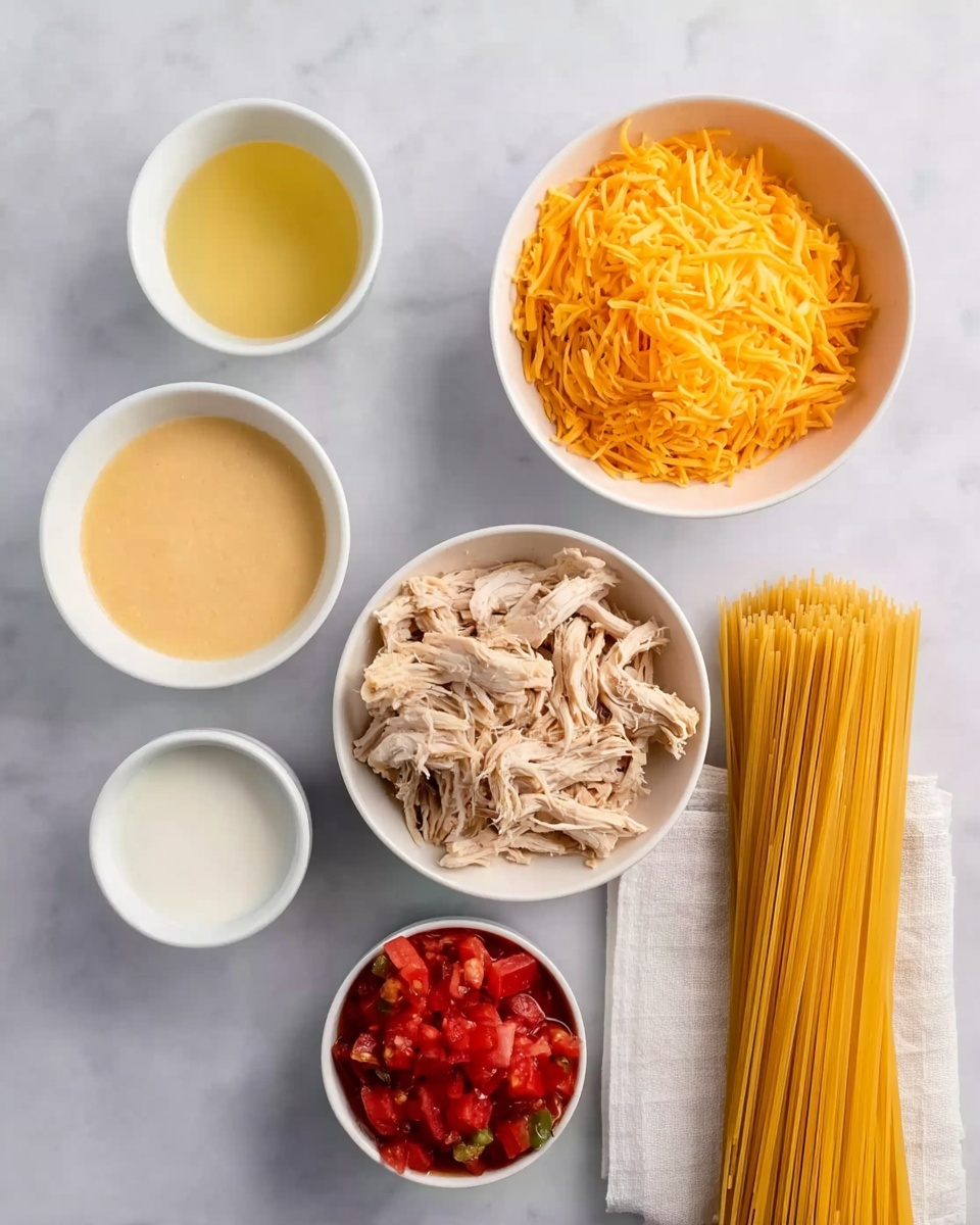 The image shows six white bowls and a bundle of dry spaghetti on a white marbled surface. The top right bowl is filled with bright orange shredded cheese, looking soft and plentiful. Below it, a white bowl holds shredded pale cooked chicken with a fibrous texture. To the right, a neat bundle of uncooked golden yellow spaghetti rests on a white cloth. On the top left, a small bowl contains a light yellow clear liquid, while below it, a bowl of thick pale yellow creamy sauce is placed close to a bowl with chunks of red diced tomatoes mixed with small green bits. Finally, a small bowl at the bottom left holds a smooth white liquid, all arranged neatly for a cooking preparation photo taken with an iphone --ar 4:5 --v 7