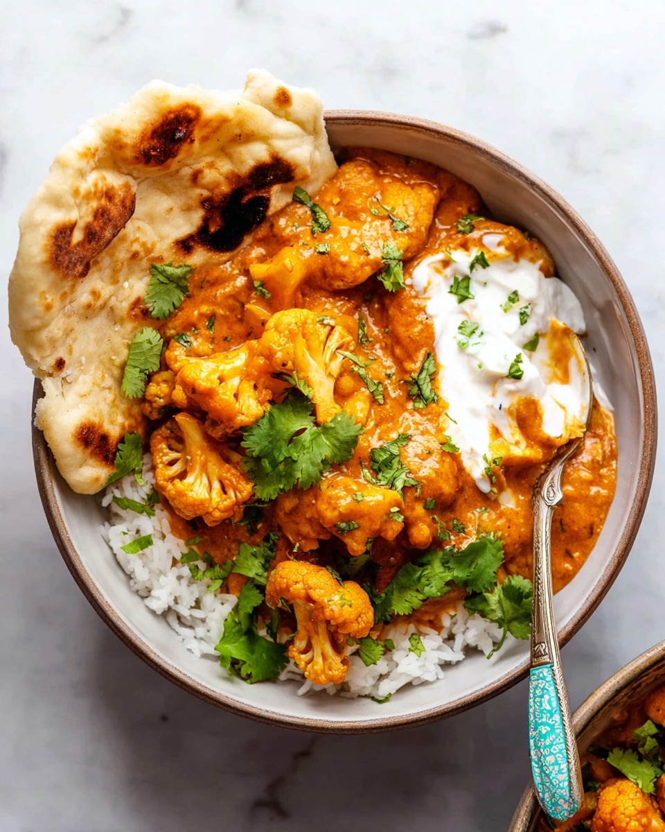 A white bowl filled with a base layer of white rice, topped with orange creamy cauliflower curry with visible flower-like cauliflower pieces coated in sauce, garnished with fresh green cilantro leaves scattered around. A piece of light brown naan bread with a slightly crispy toasted surface is tucked into the side of the bowl. There is also a dollop of white yogurt or cream partly mixed into the curry on one side. A spoon with a blue-green patterned handle is placed inside the bowl on the right side, resting on the rice and curry. The bowl sits on a white marbled surface. Photo taken with an iphone --ar 4:5 --v 7