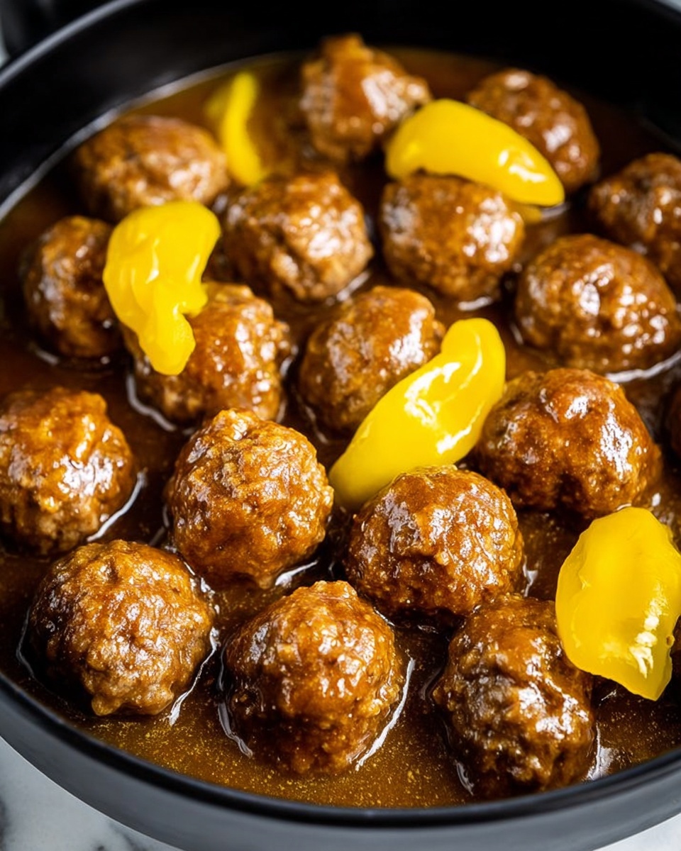 This image shows a black bowl filled with about fifteen brown meatballs covered in a shiny brown sauce. Scattered on top and between the meatballs are bright yellow peppers, adding a pop of color. The sauce looks slightly thick and glossy, pooling at the bottom of the bowl around the meatballs and peppers. The bowl is placed on a white marbled surface. The photo focuses closely on the food, making the textures of the meatballs and peppers clear and detailed photo taken with an iphone --ar 4:5 --v 7