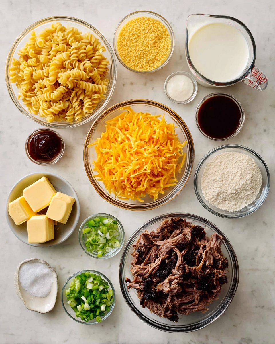 Several clear glass bowls and measuring cups are arranged on a white marbled surface. The largest bowl, near the bottom right, holds shredded dark brown smoked meat. Above it to the right, a Pyrex measuring cup filled with white milk is placed. To the left of the meat, a medium glass bowl contains yellow cooked pasta shaped like small spirals. Above the pasta, a bowl is filled with golden yellow breadcrumbs. Below the pasta to the right is a small bowl with green sliced scallions. Next to it on the left is a larger bowl with shredded orange cheddar cheese. Below the cheese to the left is a small bowl with cubed pale yellow butter. To the top left of the butter is a cup of dark brown barbecue sauce. Next to that is a small bowl of light flour. On the far right are three tiny bowls in a row holding salt, clear liquid, and pepper. The scene is brightly lit, and all items are arranged neatly. Photo taken with an iphone --ar 4:5 --v 7