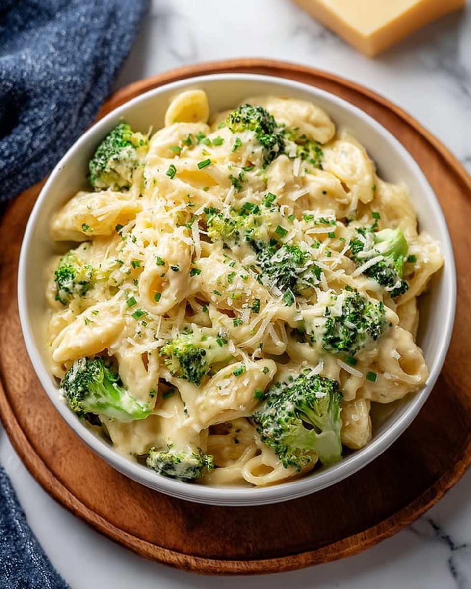A bowl of creamy pasta with broccoli is shown from above on a white marbled surface. The bowl is white and round, filled with several layers of pale yellow macaroni noodles coated in thick, smooth, creamy sauce. Bright green broccoli florets are mixed throughout the pasta, adding a fresh, vibrant color contrast. The dish is topped with a sprinkling of finely grated white cheese and small bits of green herbs. The bowl sits on a round wooden board, and part of a blue cloth napkin is visible behind it. Photo taken with an iphone --ar 4:5 --v 7