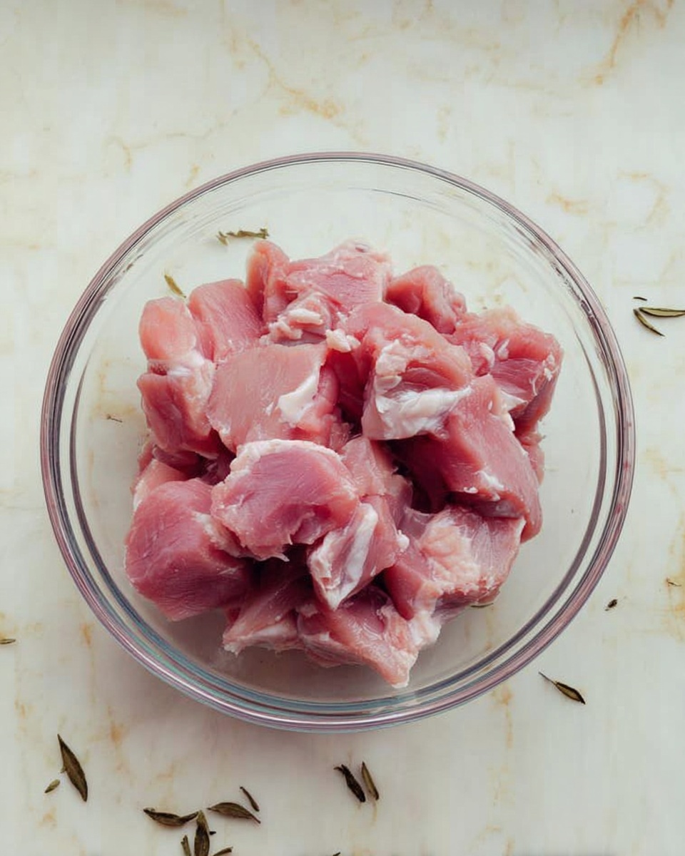 A clear glass bowl filled with uneven chunks of raw pink and white meat, showing both lean portions and some fat, placed on a white marbled surface with small scattered dark leaves or herbs. The pieces are piled loosely inside the bowl, with some pieces showing smooth texture and others with rough edges. photo taken with an iphone --ar 4:5 --v 7