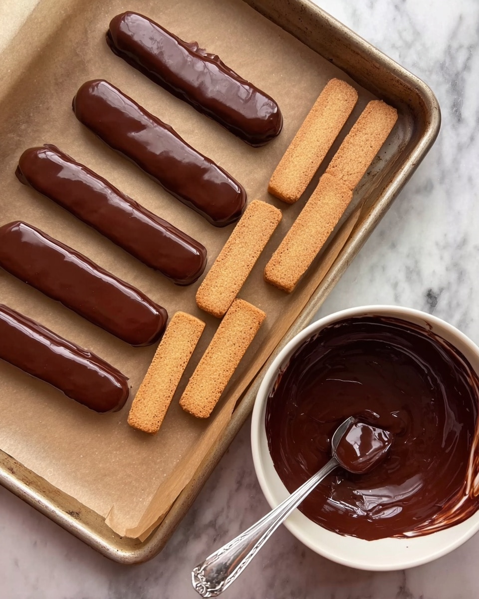 The image shows a baking tray lined with parchment paper holding two rows of rectangular biscuit sticks. The top row is coated evenly with a smooth, shiny layer of dark chocolate covering the entire stick, while the bottom row consists of plain biscuit sticks without any coating. Next to the tray, there is a white bowl filled with melted dark chocolate, shiny and thick, with a spoon resting inside. The surface is a white marbled texture. photo taken with an iphone --ar 4:5 --v 7
