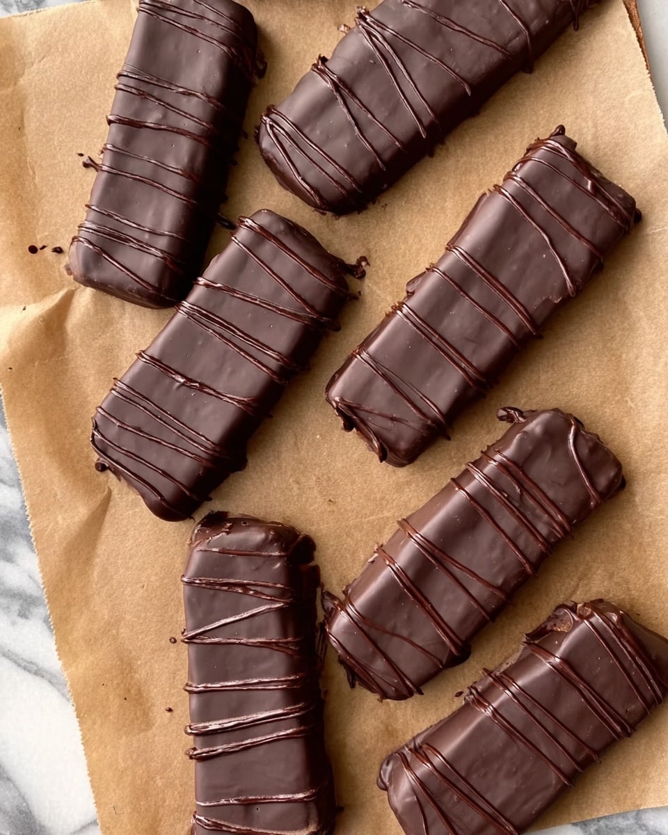 The image shows several rectangular chocolate bars laid on brown parchment paper, each bar covered fully in smooth, dark chocolate with thin darker chocolate drizzle lines on top, creating a simple striped pattern. The bars are evenly placed and have a shiny texture that highlights the smooth chocolate coating. The background is a white marbled surface bordering the parchment paper. photo taken with an iphone --ar 4:5 --v 7