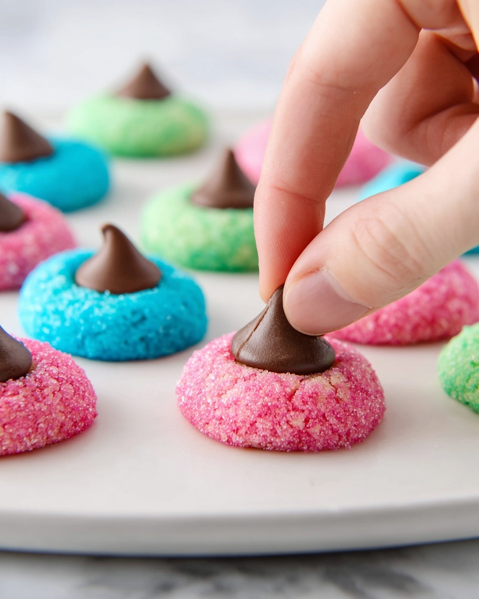 A white plate on a white marbled surface holds several colorful round cookies in two layers, the base layer is rough and covered in sugar crystals in bright pink, blue, and green colors, shaped like small rings. Each cookie has a smooth, dark brown chocolate kiss placed in the center creating a two-layer appearance. A woman's hand is gently pressing a chocolate kiss onto one pink sugar-coated cookie in the foreground, while other cookies are scattered softly out of focus in the background. photo taken with an iphone --ar 4:5 --v 7