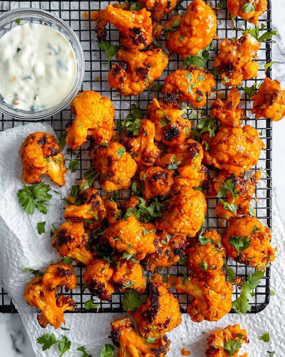 The image shows many small pieces of cauliflower coated in a bright orange sauce, arranged on a black wire rack over white paper with a white marbled surface underneath. The cauliflower pieces are slightly charred on some parts, adding dark brown spots to the orange layer. Scattered fresh green parsley leaves add a pop of color among the cauliflower. On the left side, there is a small transparent glass bowl filled with a creamy white dipping sauce. The whole scene looks fresh and vibrant. photo taken with an iphone --ar 4:5 --v 7