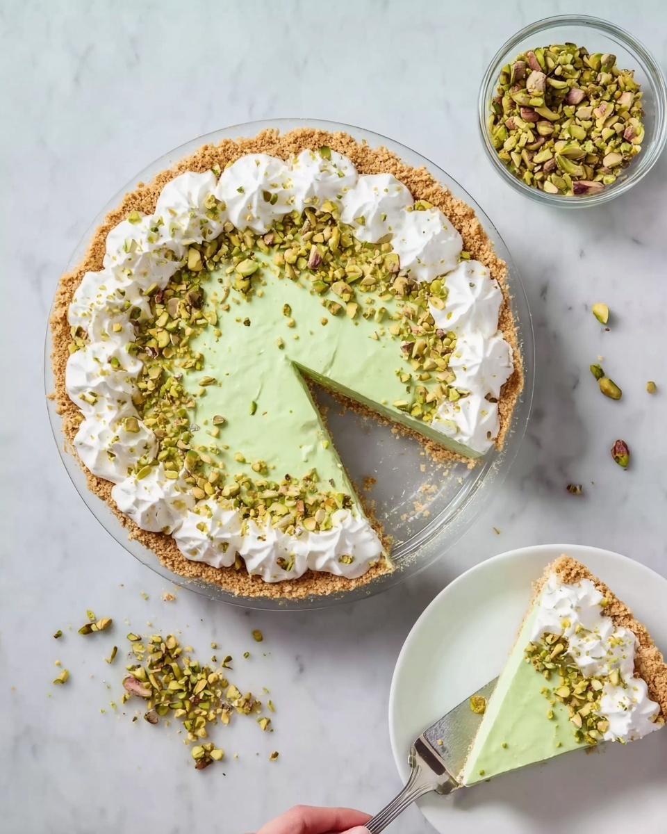 The image shows a pie with three layers: a crumbly golden crust at the bottom, a bright green creamy filling in the middle, and white dollops of whipped cream evenly spaced around the top edge. The pie is topped with crushed pistachio nuts scattered over the green filling and the whipped cream. A slice is removed from the pie, showing the clean layers inside, and placed on a white plate nearby. Next to the pie is a small round glass bowl filled with more crushed pistachios, with some nuts spilled around it. A woman's hand is holding a metal pie server under the slice on the white marbled surface background. photo taken with an iphone --ar 4:5 --v 7
