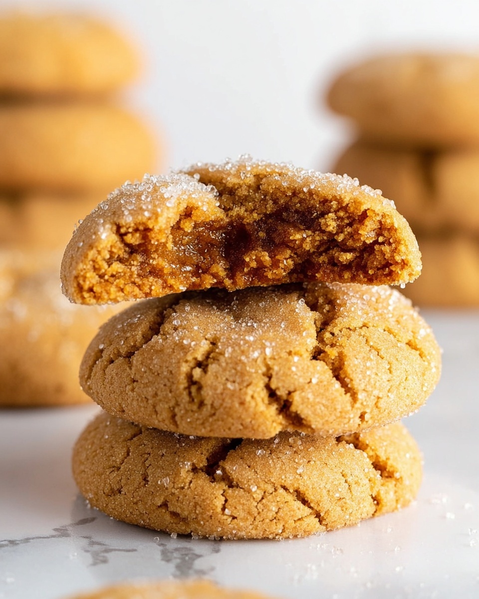 The image shows a close-up of three stacked cookies on a white marbled surface. The bottom two cookies are whole, golden brown with a coarse sugar sprinkle on top, and have a cracked texture. The top cookie is broken in half, revealing a dense, slightly darker inside with a chewy texture, also covered with coarse sugar crystals. In the background, there are blurred stacks of similar cookies. photo taken with an iphone --ar 4:5 --v 7
