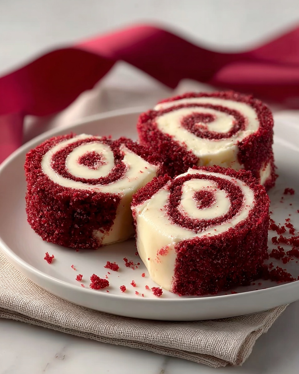 Three small round red velvet cake rolls with white cream cheese filling swirl inside, each about two layers thick, sitting closely together on a smooth white plate. The cakes have a textured, crumbly deep red outer layer and a creamy, smooth white inside layer forming a spiral pattern. Some red crumbs are scattered near the cakes on the plate, which rests on a neatly folded light beige cloth. Behind the plate, a deep red ribbon adds color to the soft white marbled surface background. photo taken with an iphone --ar 4:5 --v 7