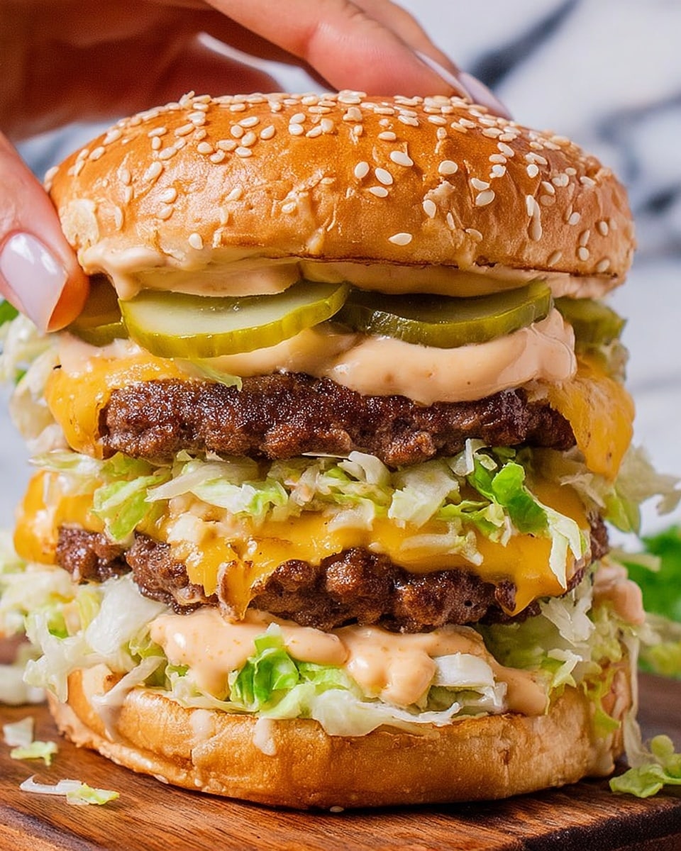 A tall stacked burger with five clear layers is held gently by a woman's hand. The top layer is a sesame seed bun, light brown and soft. Below it is a light creamy sauce spread on a juicy, cooked beef patty with a slightly rough brown texture. Under the patty, thick green pickle slices lie over a fresh layer of pale green shredded lettuce mixed with more creamy sauce. Next is a second cooked beef patty with the same brown texture, followed by more green pickle slices and slightly wilted light green lettuce. The bottom layer has melted bright yellow cheese and shredded lettuce sitting on the bottom white sesame seed bun. The whole burger is placed on a wooden surface with a white marbled background. photo taken with an iphone --ar 4:5 --v 7