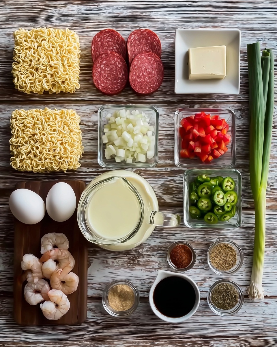 The image shows various ingredients neatly arranged on a wooden surface with a white marbled texture. There are two square blocks of yellow uncooked instant noodles placed side by side at the top. Below and to the left, two slices of red salami rest on the wood. A small white square dish with a block of pale yellow butter sits above the salami. To the right of the noodles are small glass and white square bowls holding diced white onions, chopped red bell peppers, and sliced green jalapeños. A clear glass jug filled with a light yellow broth is centered near the middle, next to a small round glass bowl holding two white eggs. A tall glass of milk stands on the lower left, and beside it, peeled shrimp pieces are placed on a small rectangular wooden board. A small dark glass bowl contains black liquid sauce, and to the right are three round bowls with various dry spices in light beige, brown, and green. On the far right, a lone green onion stalk lies vertically on the wooden surface. Photo taken with an iphone --ar 4:5 --v 7