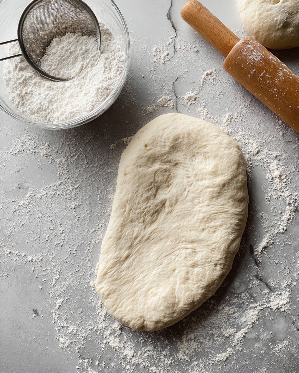 The image shows one large piece of stretched dough with a light, slightly rough texture, lying flat on a grey surface dusted with flour. To the top left is a clear glass bowl filled with white flour, with a fine metal sieve resting on top. To the right, another smaller piece of dough is partially visible next to a wooden rolling pin that has some flour on it. The background is a white marbled texture with scattered flour powder around the dough and tools. Photo taken with an iphone --ar 4:5 --v 7