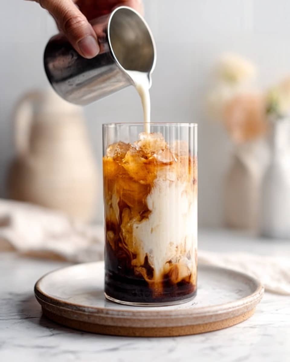 A tall clear glass filled with ice and dark brown coffee at the bottom is placed on a white plate with brown rim sitting on a white marbled surface. A woman's hand is pouring creamy white milk from a metal jug into the glass, creating soft swirling patterns where the milk meets the coffee. The background is softly blurred with warm tones and hints of kitchen items. The scene is bright and has a clean look with natural light. photo taken with an iphone --ar 4:5 --v 7