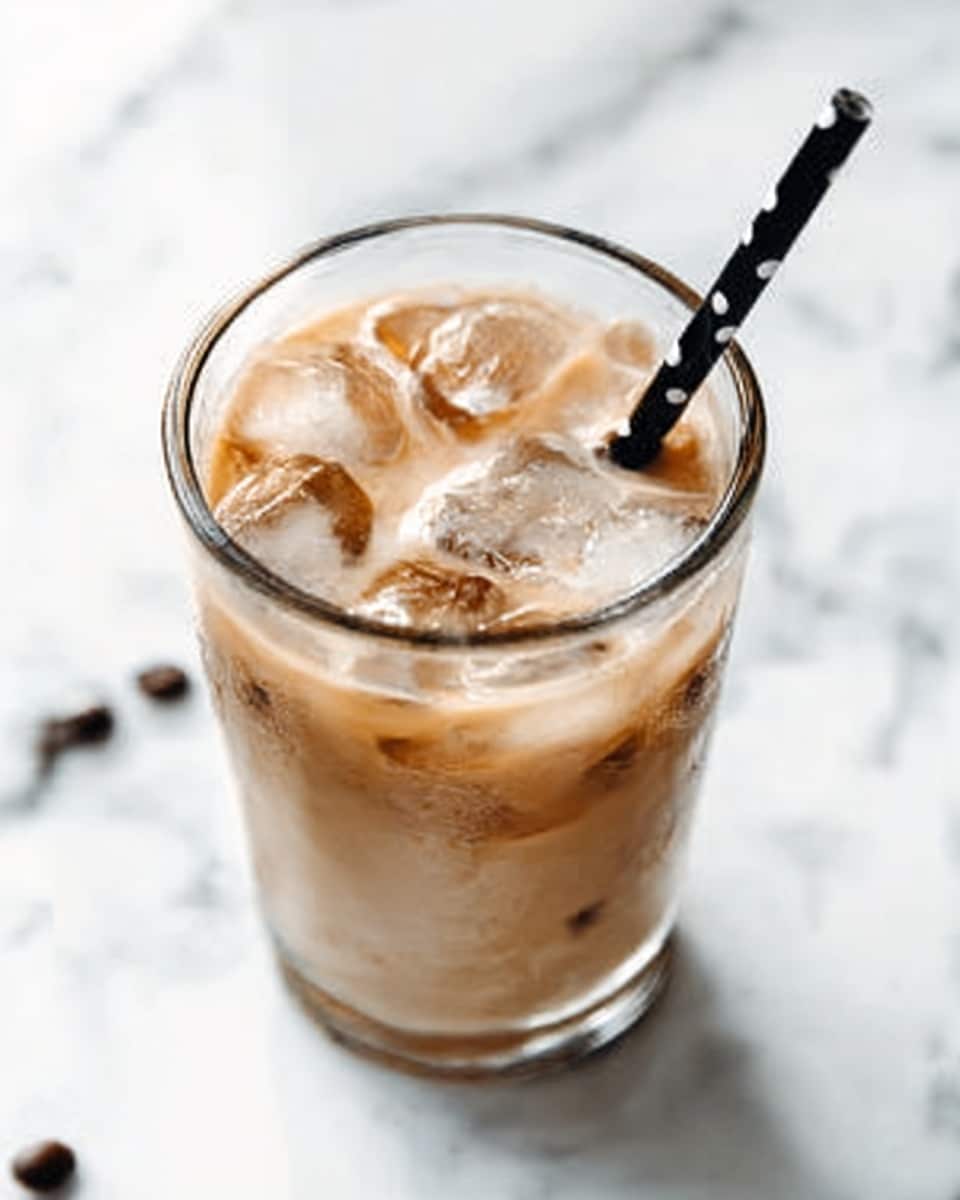 A clear glass filled with iced coffee sits on a white marbled surface. The drink has a light brown color with ice cubes floating on top, and a black straw with white dots sticks out from the glass on the right side. The iced coffee looks cold and refreshing with condensation visible on the glass. photo taken with an iphone --ar 4:5 --v 7