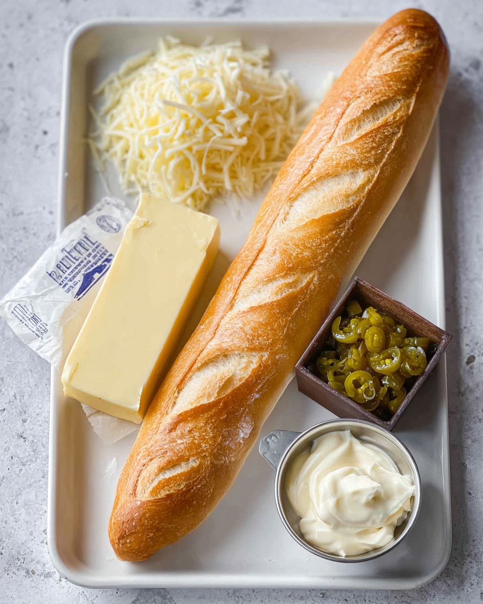 A white rectangular plate holds four main items arranged neatly: on the right side lies a long, golden brown baguette with a crisp crust and three diagonal slashes on top, occupying nearly half the plate; to the top left, there is a small pile of shredded cheese showing white and pale yellow strands; below the cheese is a small dark wooden square bowl filled with chopped green jalapeños in greenish liquid; in the bottom left corner, there is a stick of pale yellow butter partially wrapped in white paper with blue text; next to the butter, on the right, is a small metal measuring cup filled with thick white mayonnaise. The plate rests on a white marbled textured surface. Photo taken with an iphone --ar 4:5 --v 7