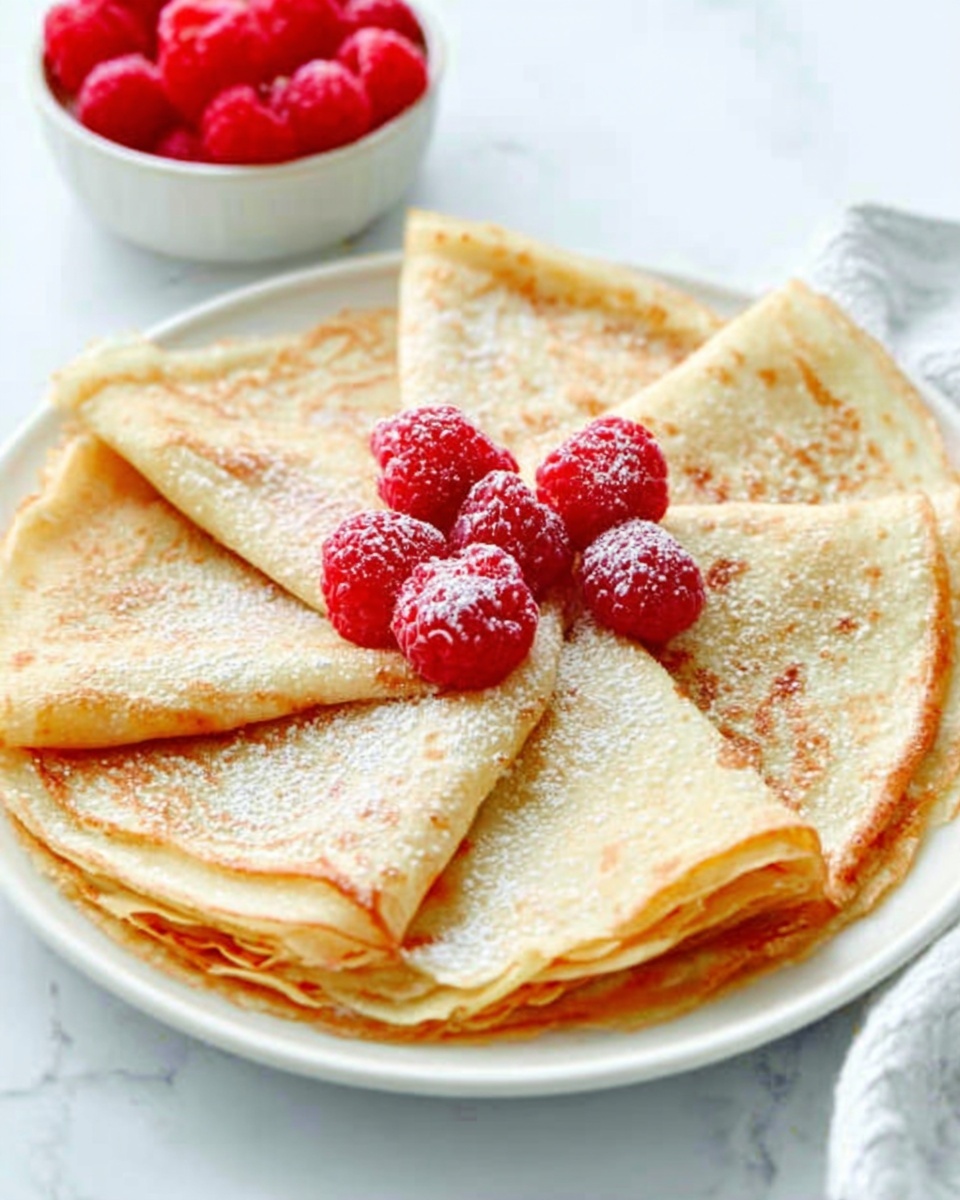 A white plate holds several thin crepes folded into triangles, layered in a circular pattern with light golden-brown edges and soft, slightly spotted surfaces. On top of the piled crepes is a small bunch of bright red raspberries dusted lightly with powdered sugar. In the background, a clear bowl filled with more raspberries sits on a white marbled surface, along with a glimpse of another white plate with a single crepe at the edge of the frame. Photo taken with an iphone --ar 4:5 --v 7